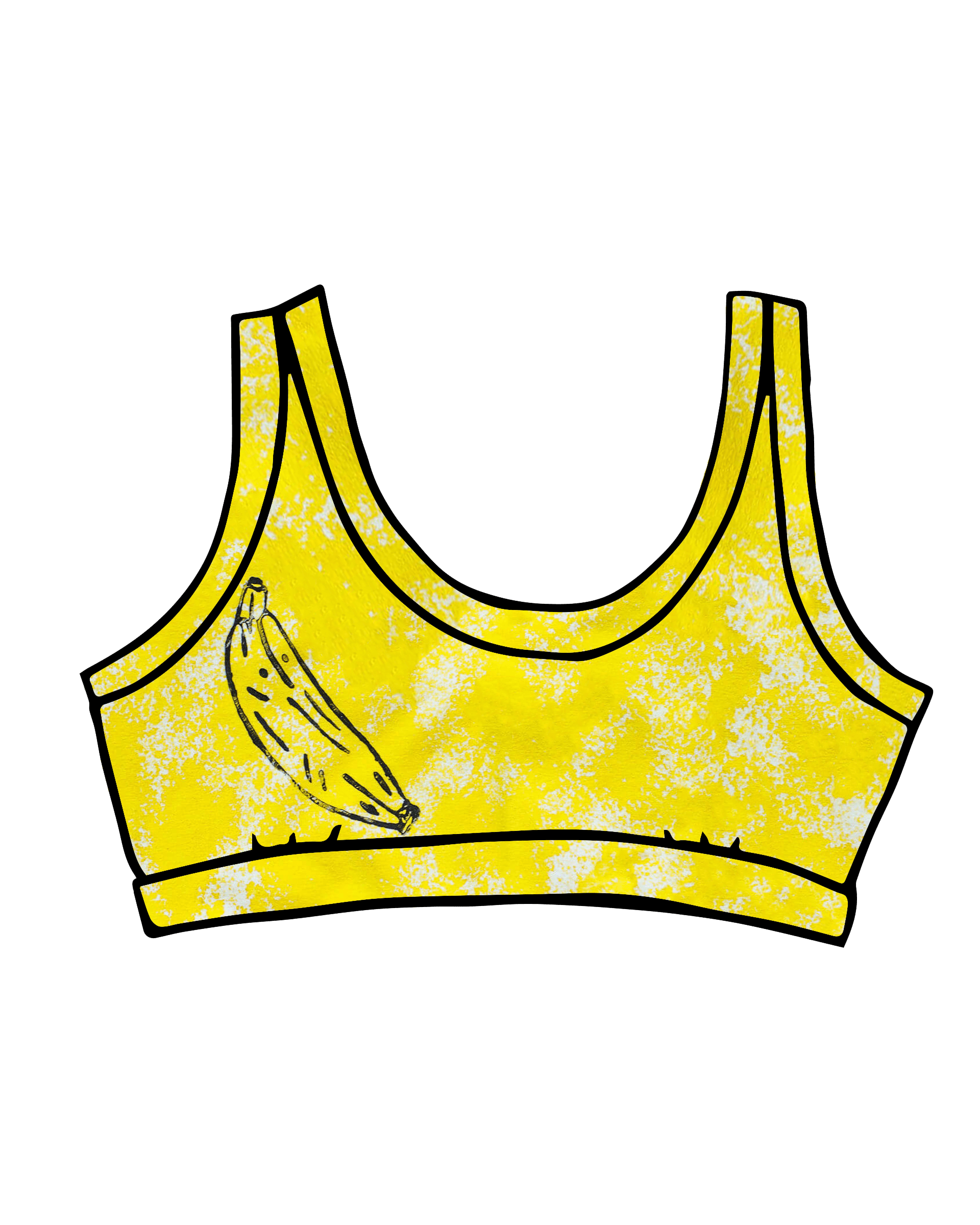 Drawing of Thunderpants Bralette in Banana Pitch - yellow with one black banana print.