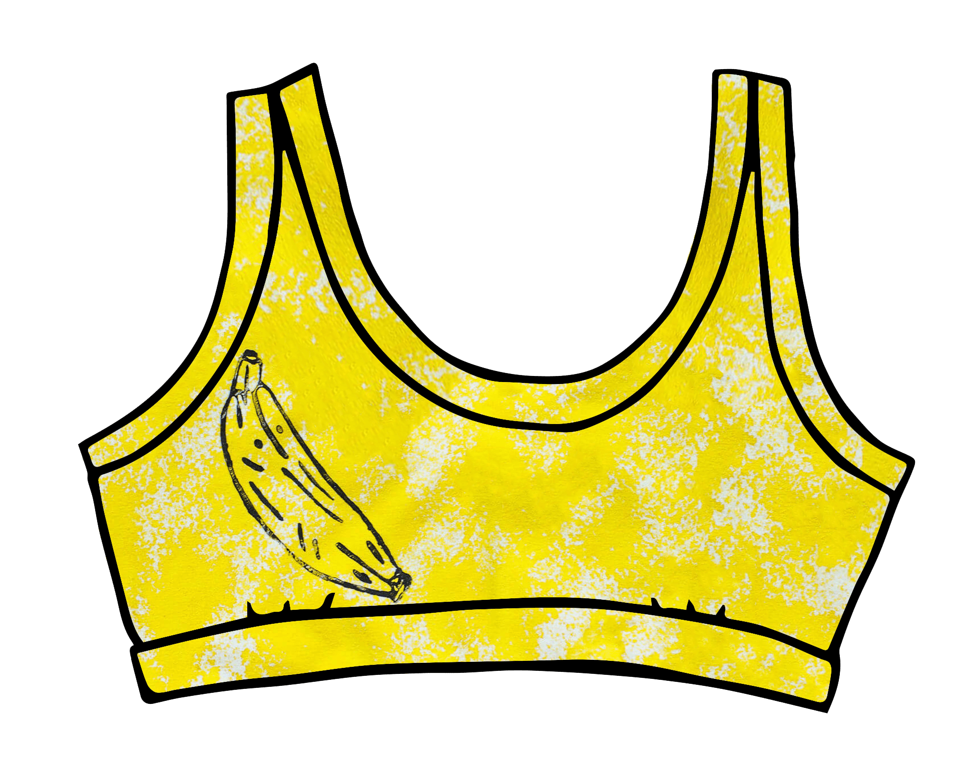 Drawing of Thunderpants Bralette in Banana Pitch - yellow with one black banana print.