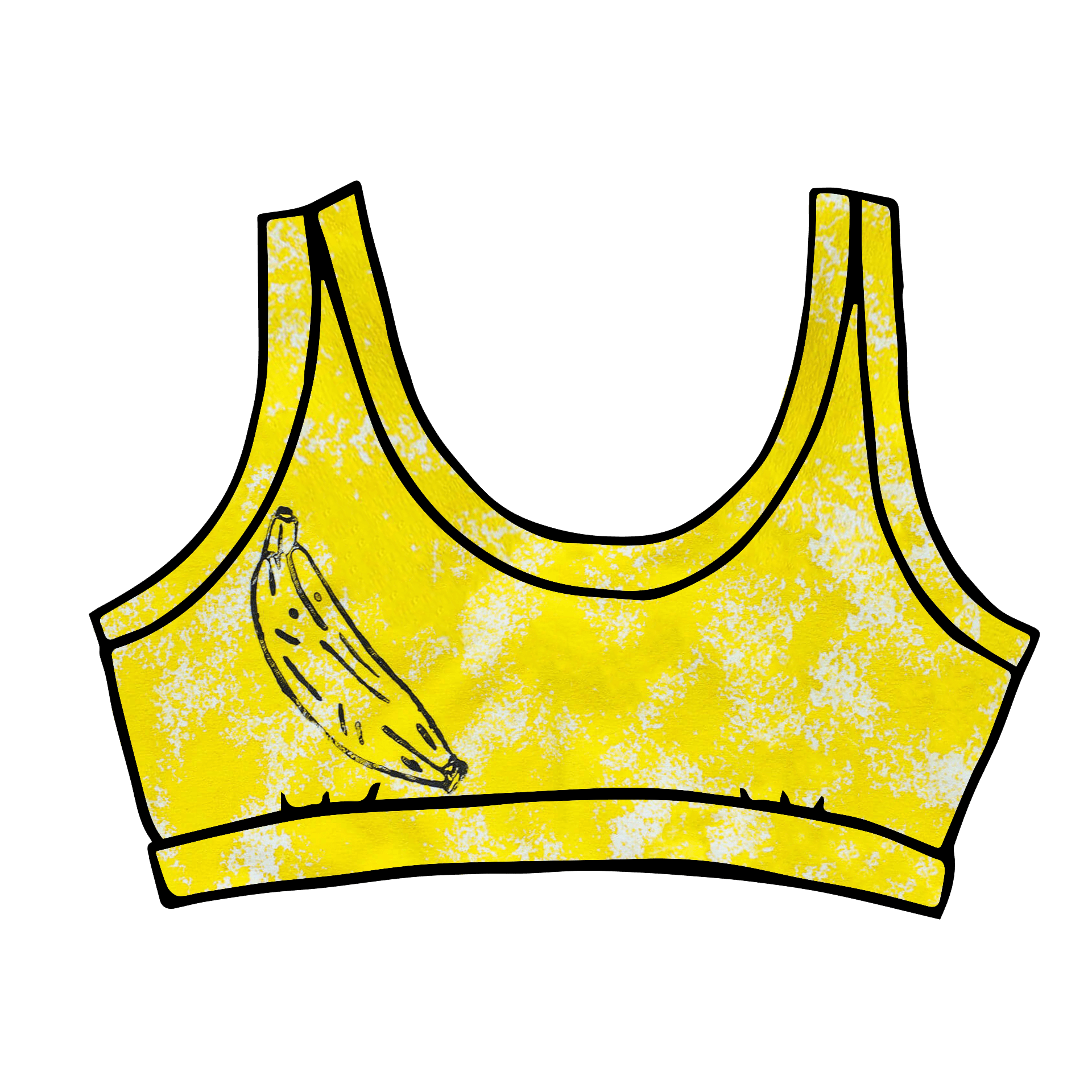 Drawing of Thunderpants Bralette in Banana Pitch - yellow with one black banana print.