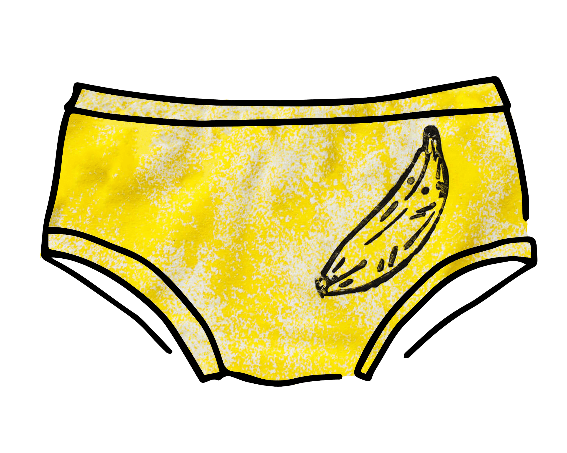 Drawing of Thunderpants Hipster style underwear in Banana Pitch - yellow with one black banana print.