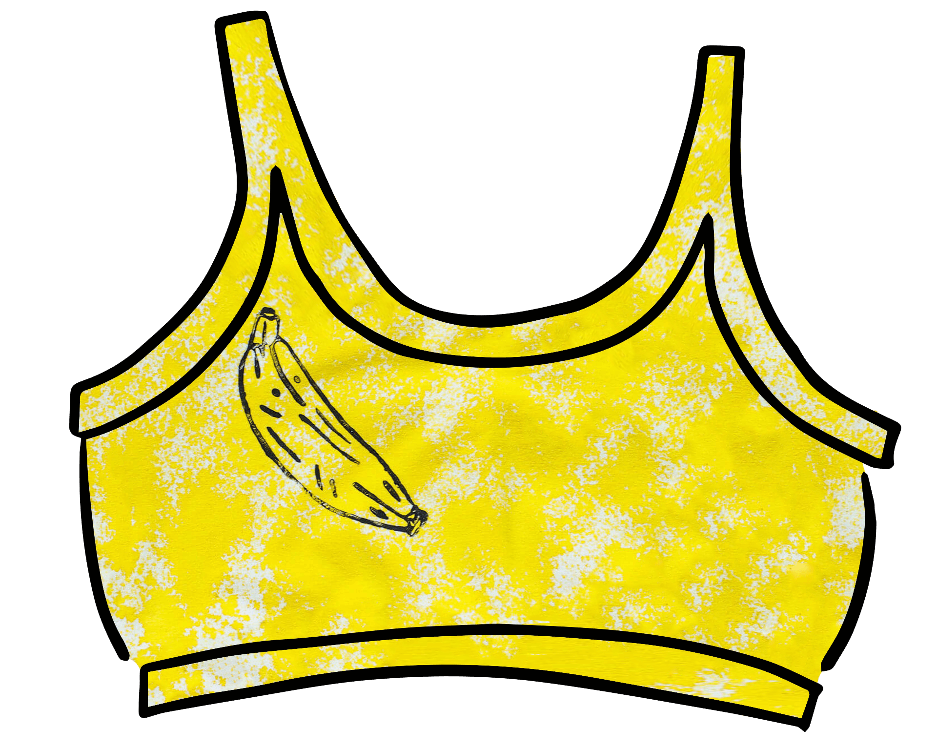 Drawing of Thunderpants Longline Bra in Banana Pitch - yellow with one black banana print.