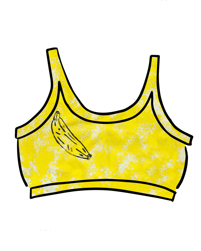 Drawing of Thunderpants Longline Bra in Banana Pitch - yellow with one black banana print.