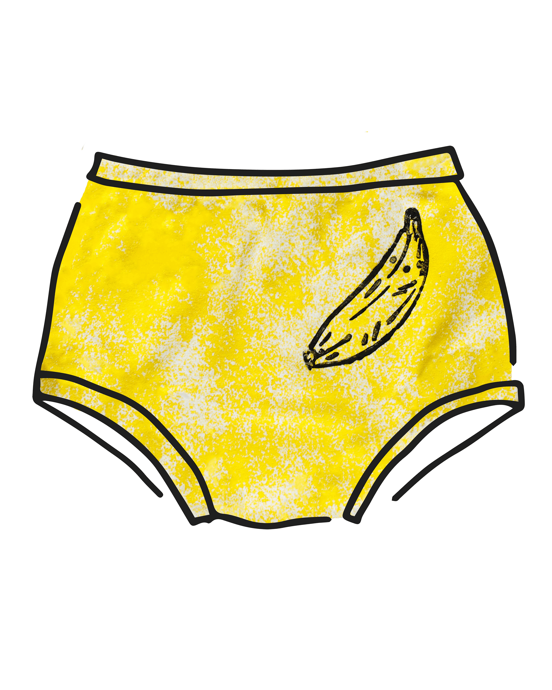 Drawing of Thunderpants Original style underwear in Banana Pitch - yellow with one black banana print.