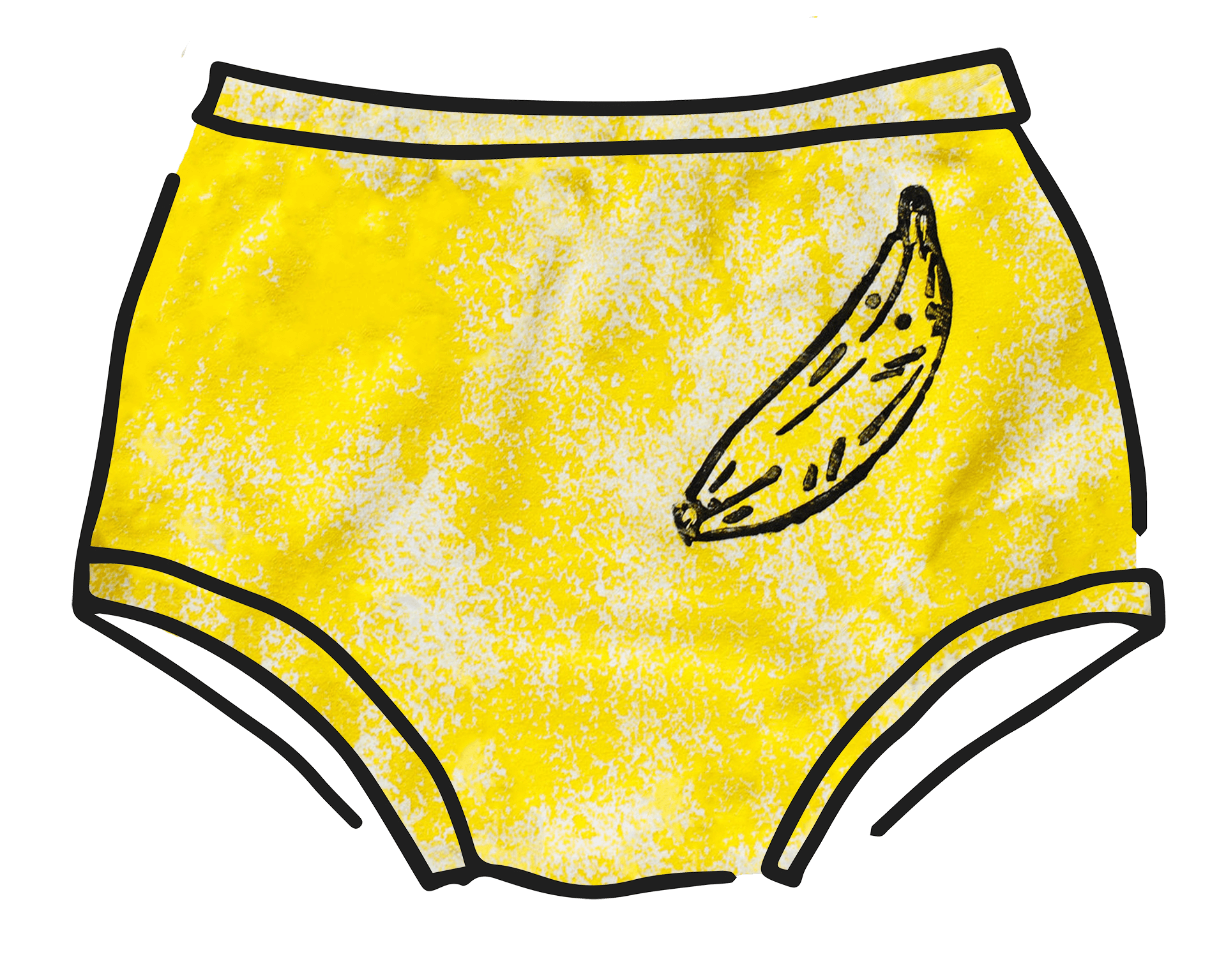 Drawing of Thunderpants Original style underwear in Banana Pitch - yellow with one black banana print.