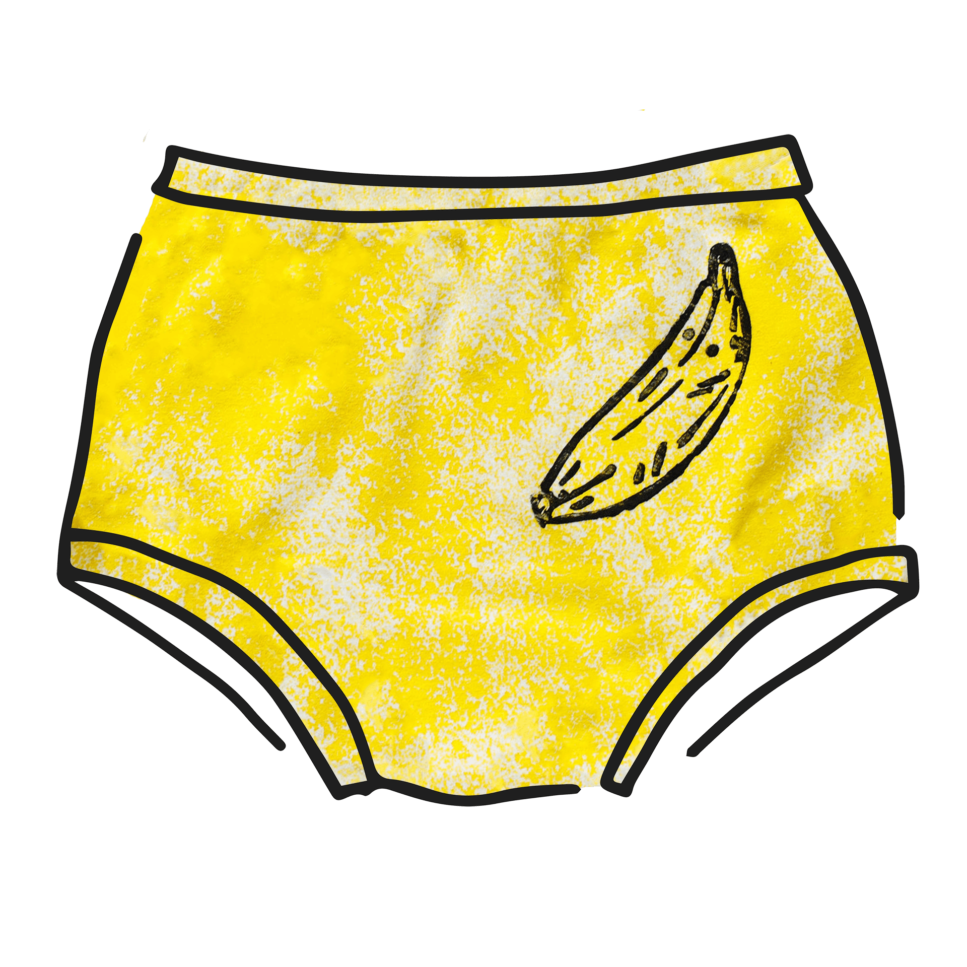 Drawing of Thunderpants Original style underwear in Banana Pitch - yellow with one black banana print.