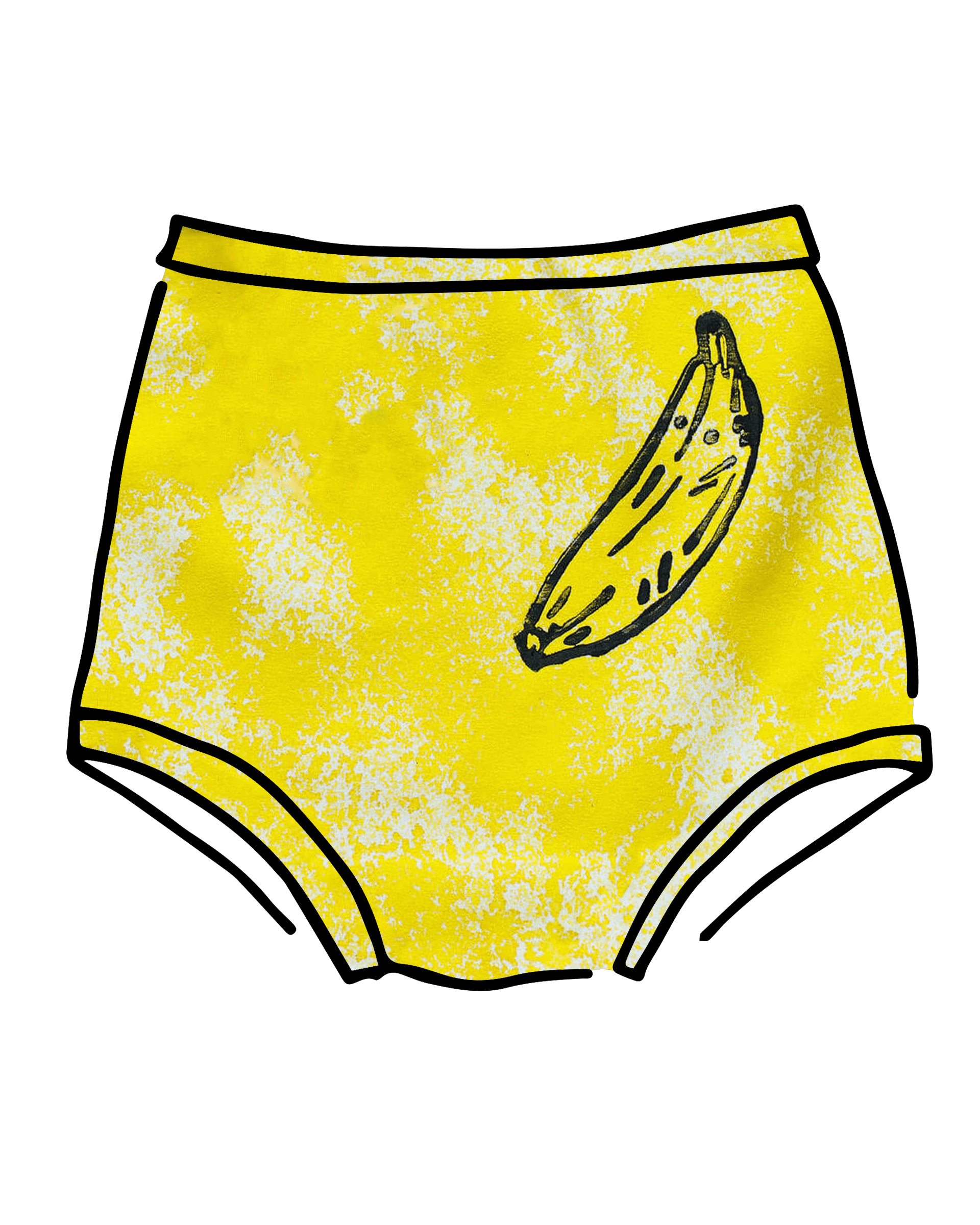 Drawing of Thunderpants Sky Rise style underwear in Banana Pitch - yellow with one black banana print.