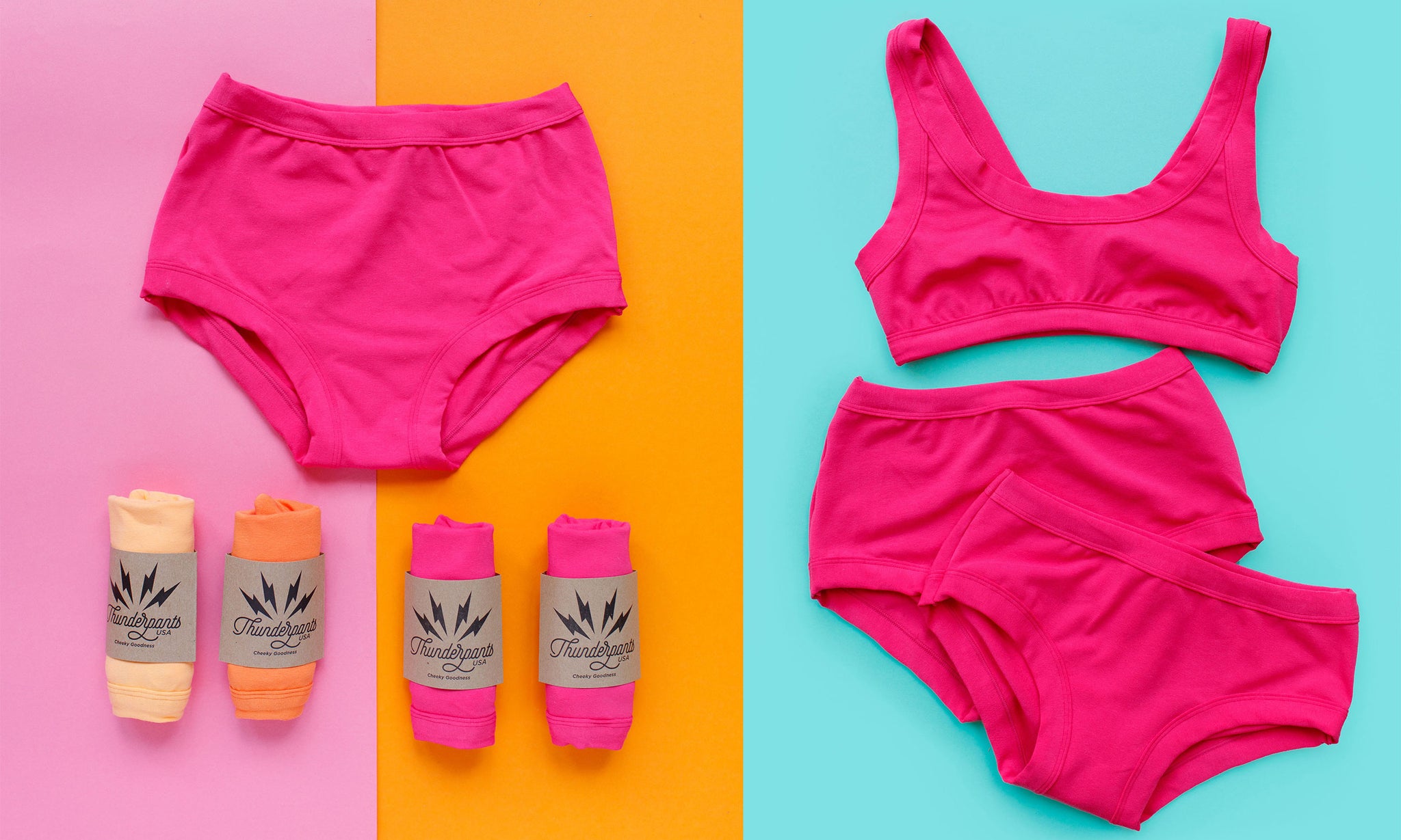 Flat lays of various Thunderpants items in a hot pink color. 