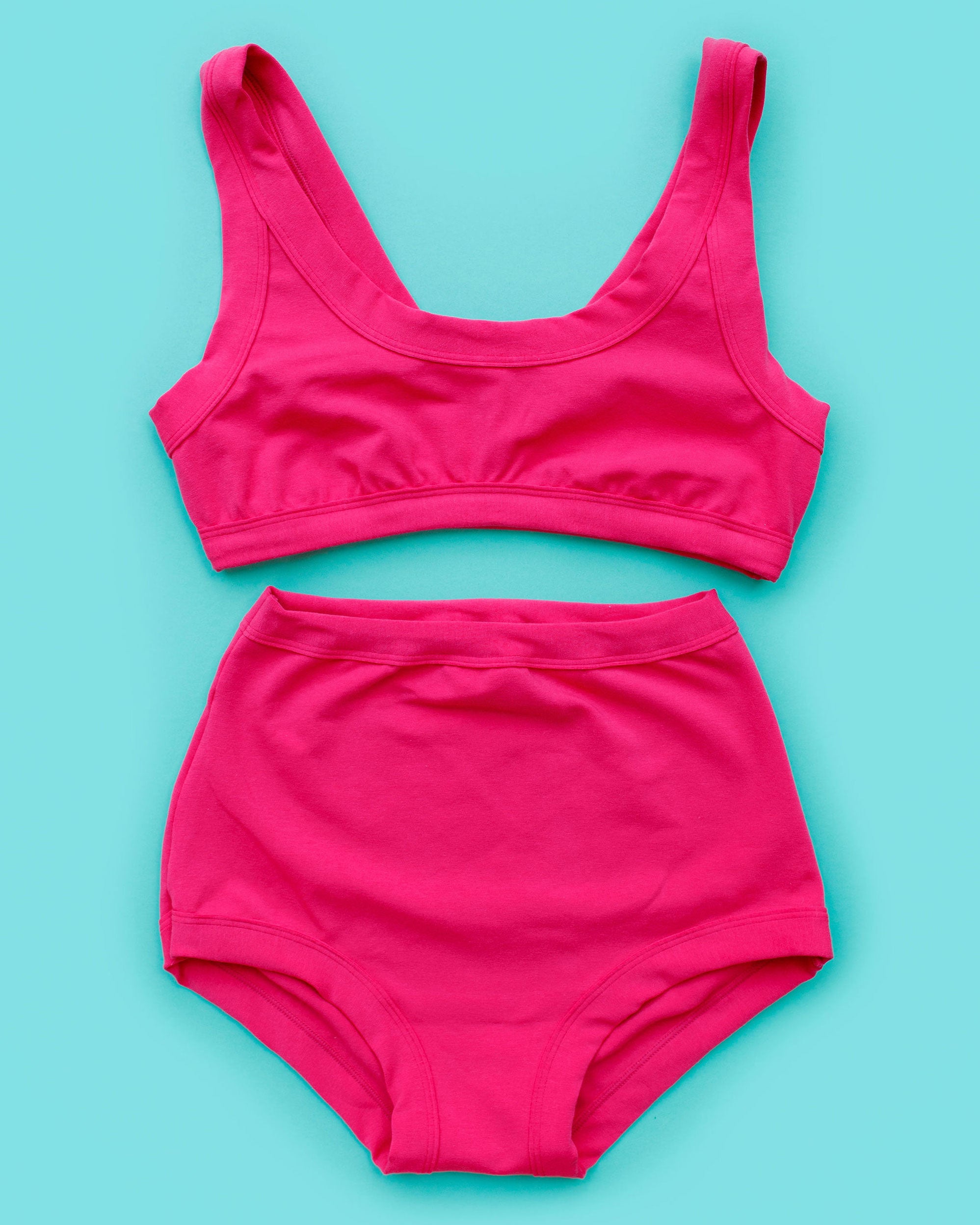 Flay lay of Thunderpants Bralette and Sky Rise underwear in a hot pink color.