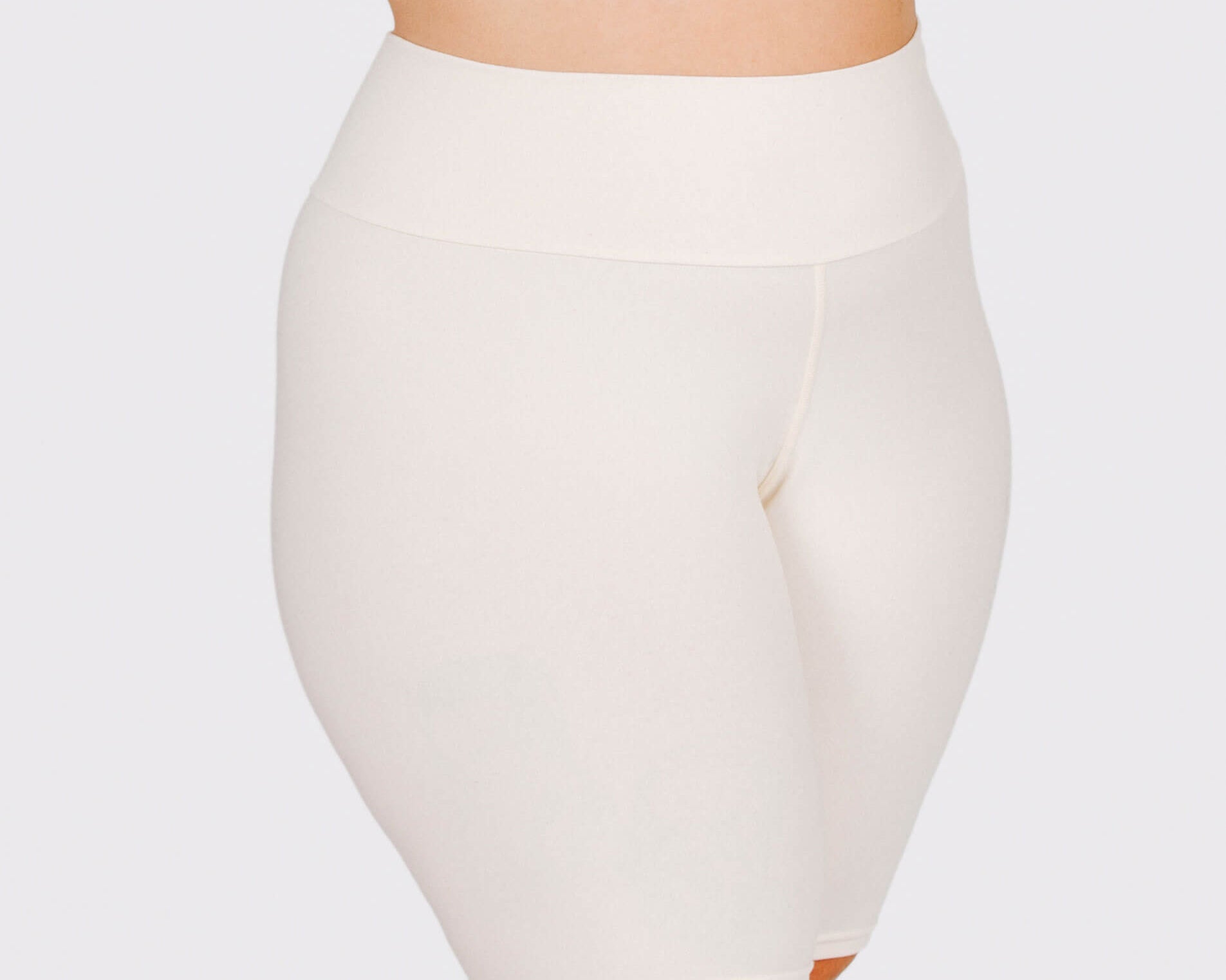 Fit photo from the front of Thunderpants organic cotton Bike Shorts in off-white on a model.