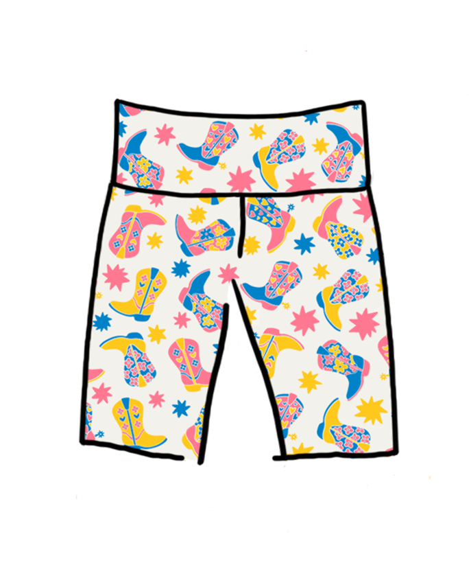 Drawing of Thunderpants Bike Shorts in Boot Scootin' - fun boots in pink, yellow, and blue.