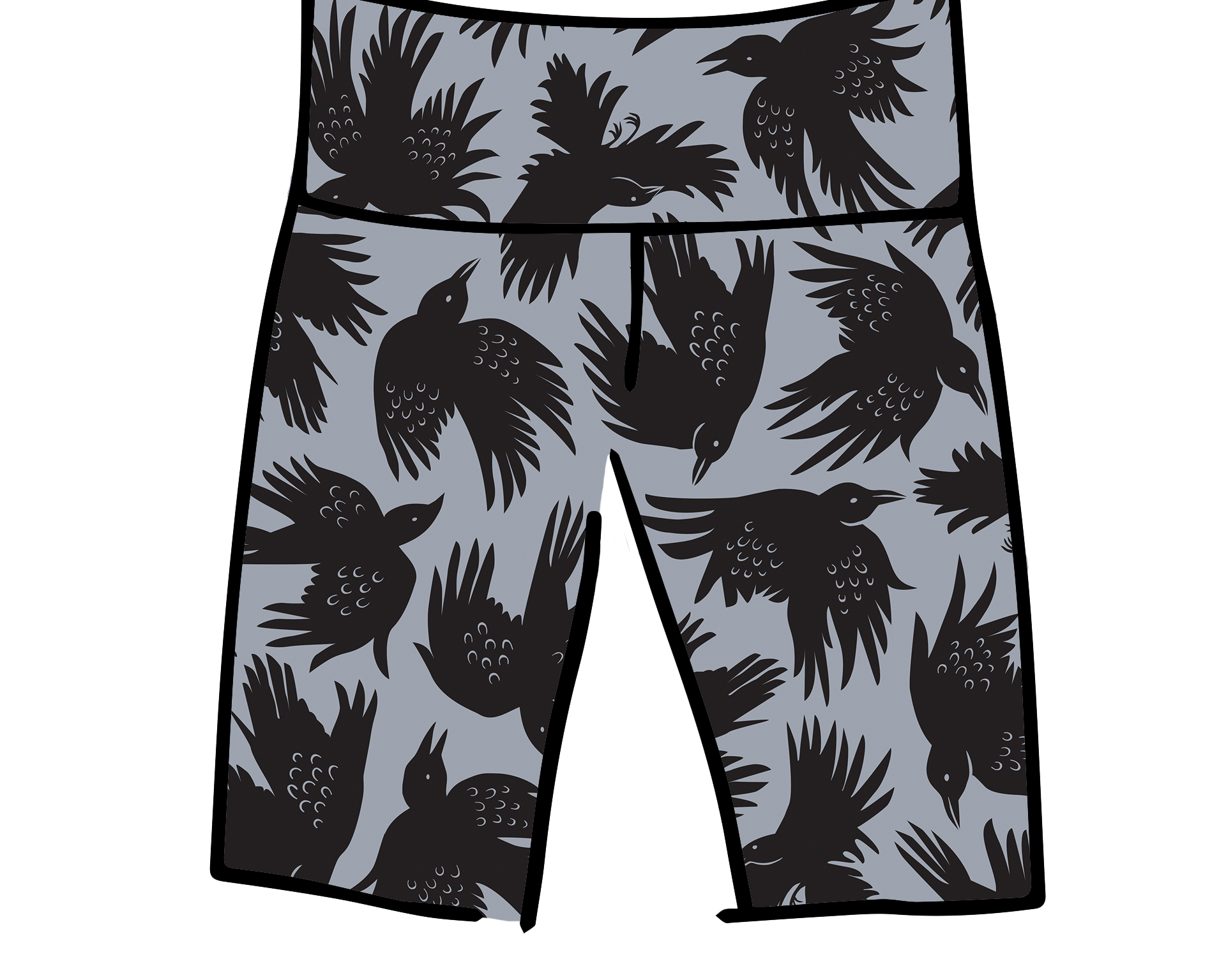 Drawing of Thunderpants Bike Shorts in So it Crows - black crows on grey.