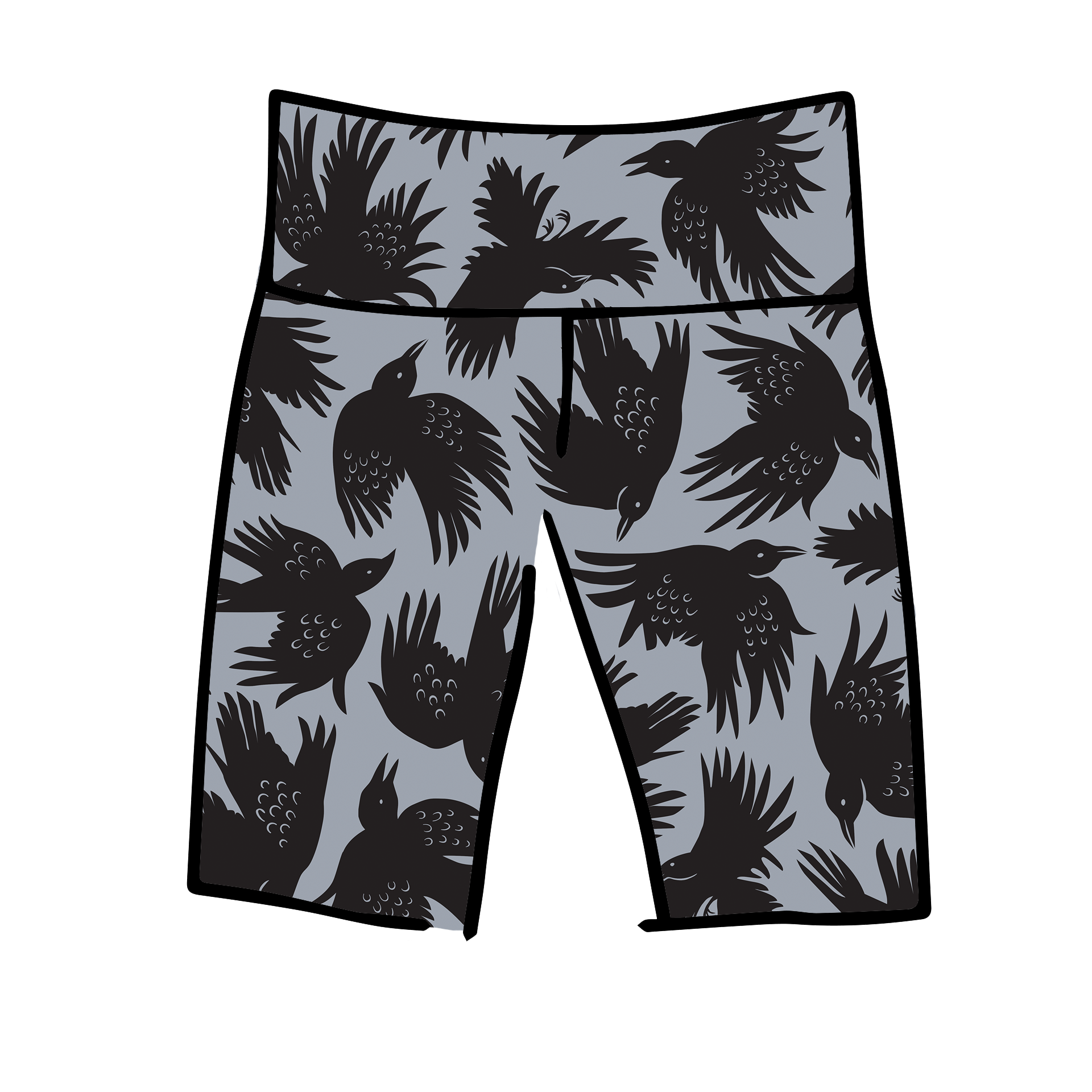 Drawing of Thunderpants Bike Shorts in So it Crows - black crows on grey.