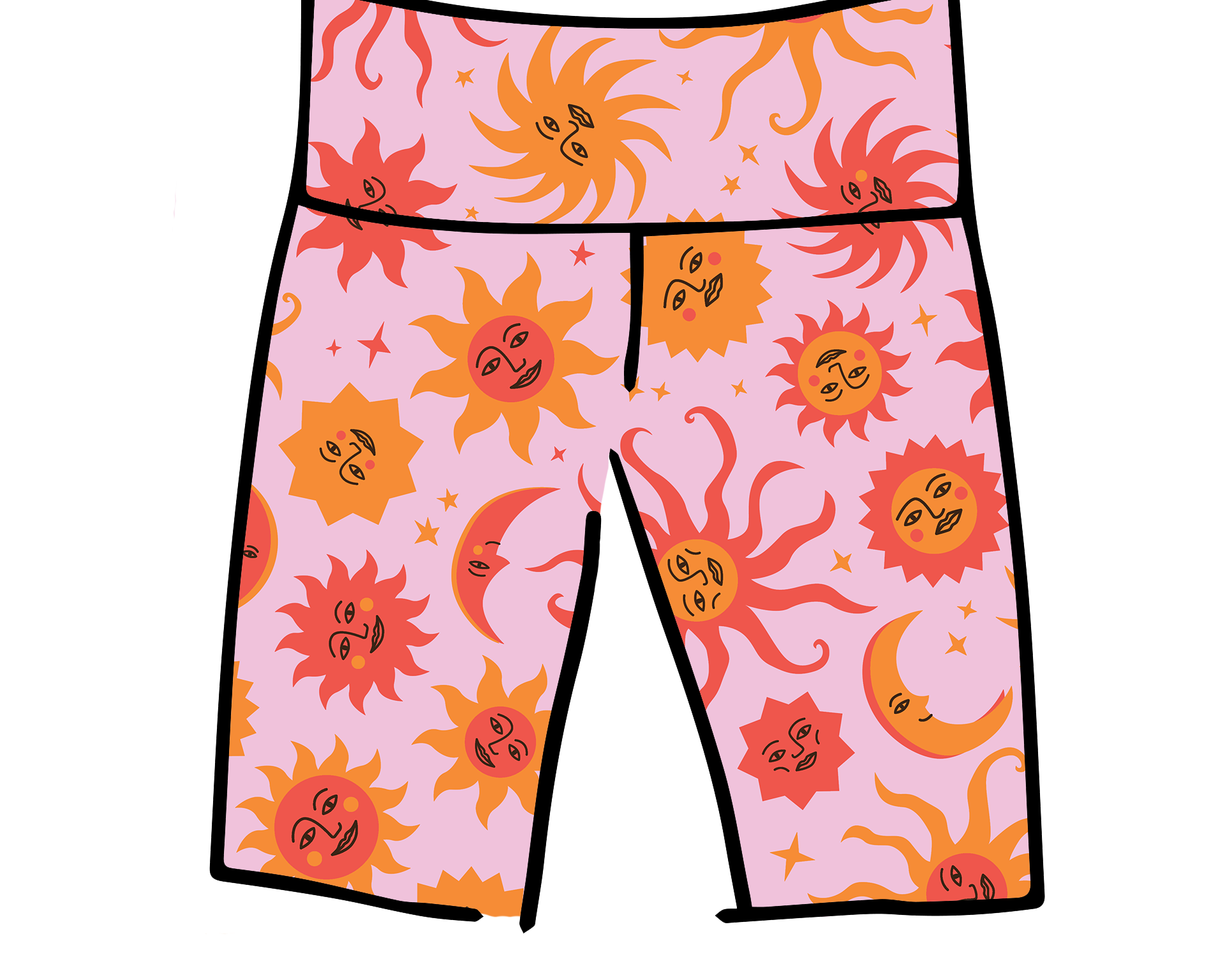 Drawing of Thunderpants Bike Shorts in Luna y Sol print - pink, yellow, and orange suns and moons.