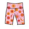 Drawing of Thunderpants Bike Shorts in Luna y Sol print - pink, yellow, and orange suns and moons.