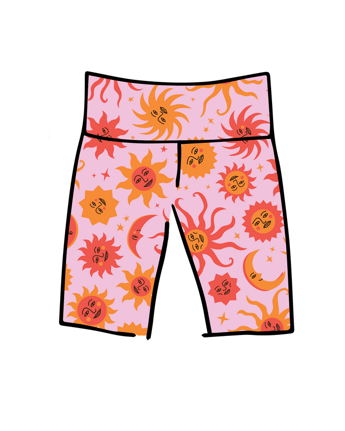 Drawing of Thunderpants Bike Shorts in Luna y Sol print - pink, yellow, and orange suns and moons.