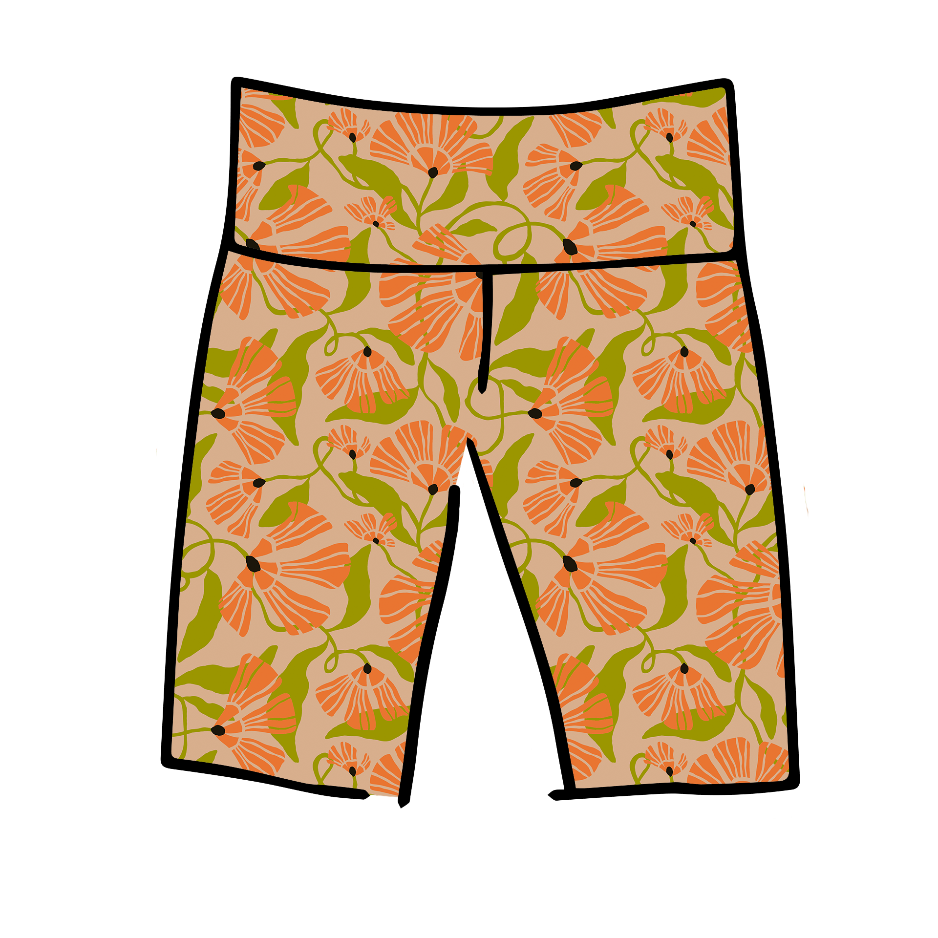 Drawing of Thunderpants Bike Shorts in Secret Garden - tan background with orange and green flowers.