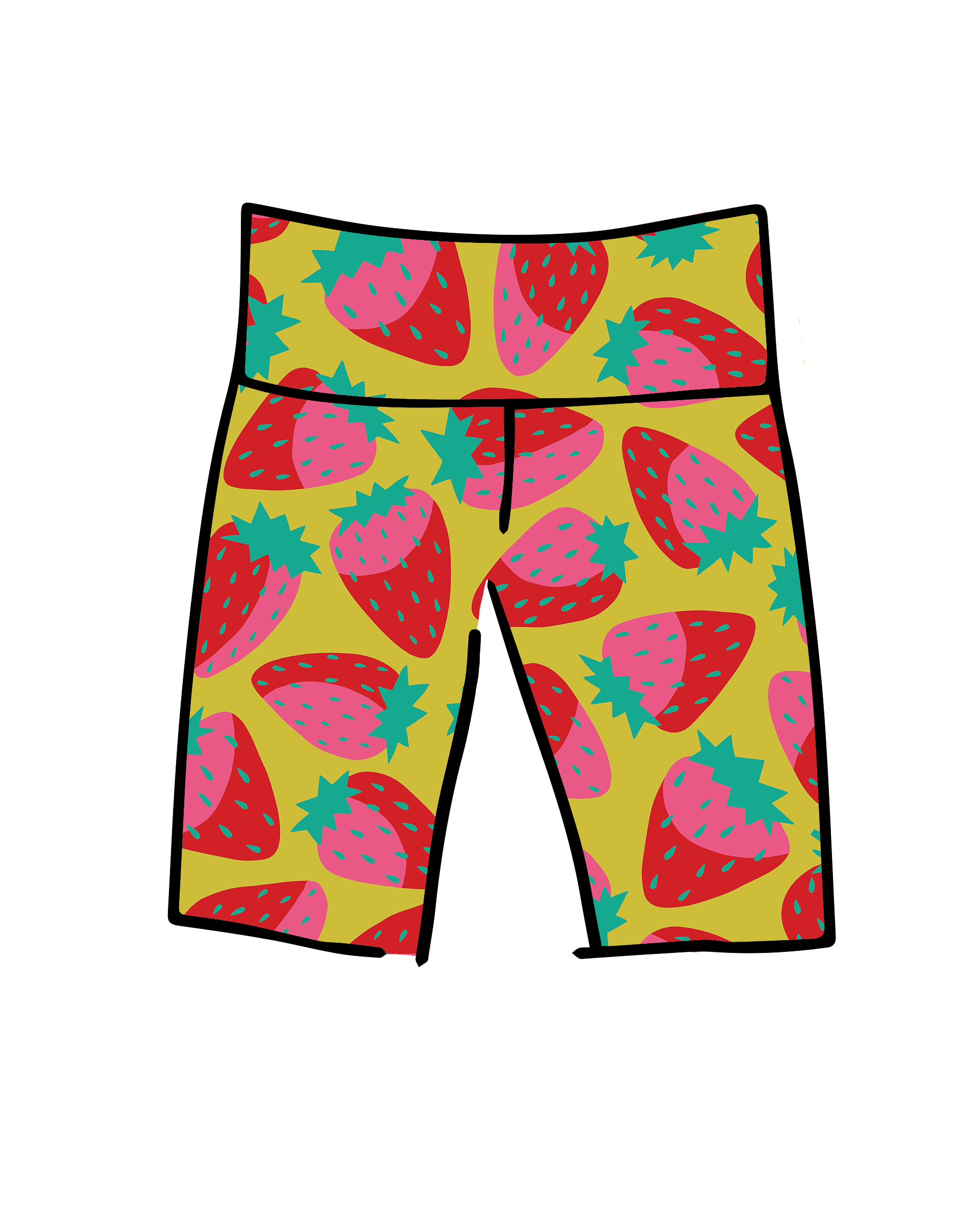 Drawing of Thunderpants Bike Shorts in a Strawberry print - pink, red, and peacock green on chartreuse. 