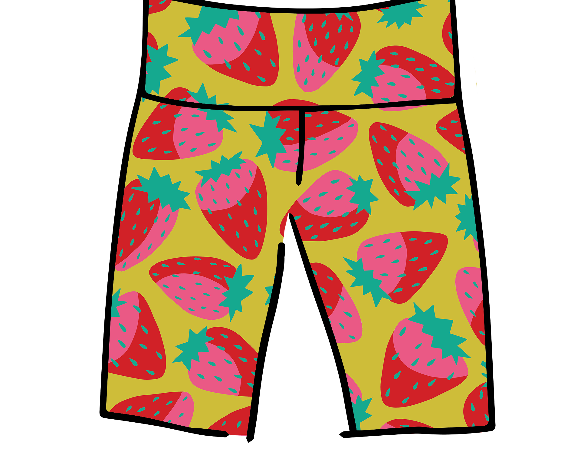 Drawing of Thunderpants Bike Shorts in a Strawberry print - pink, red, and peacock green on chartreuse. 