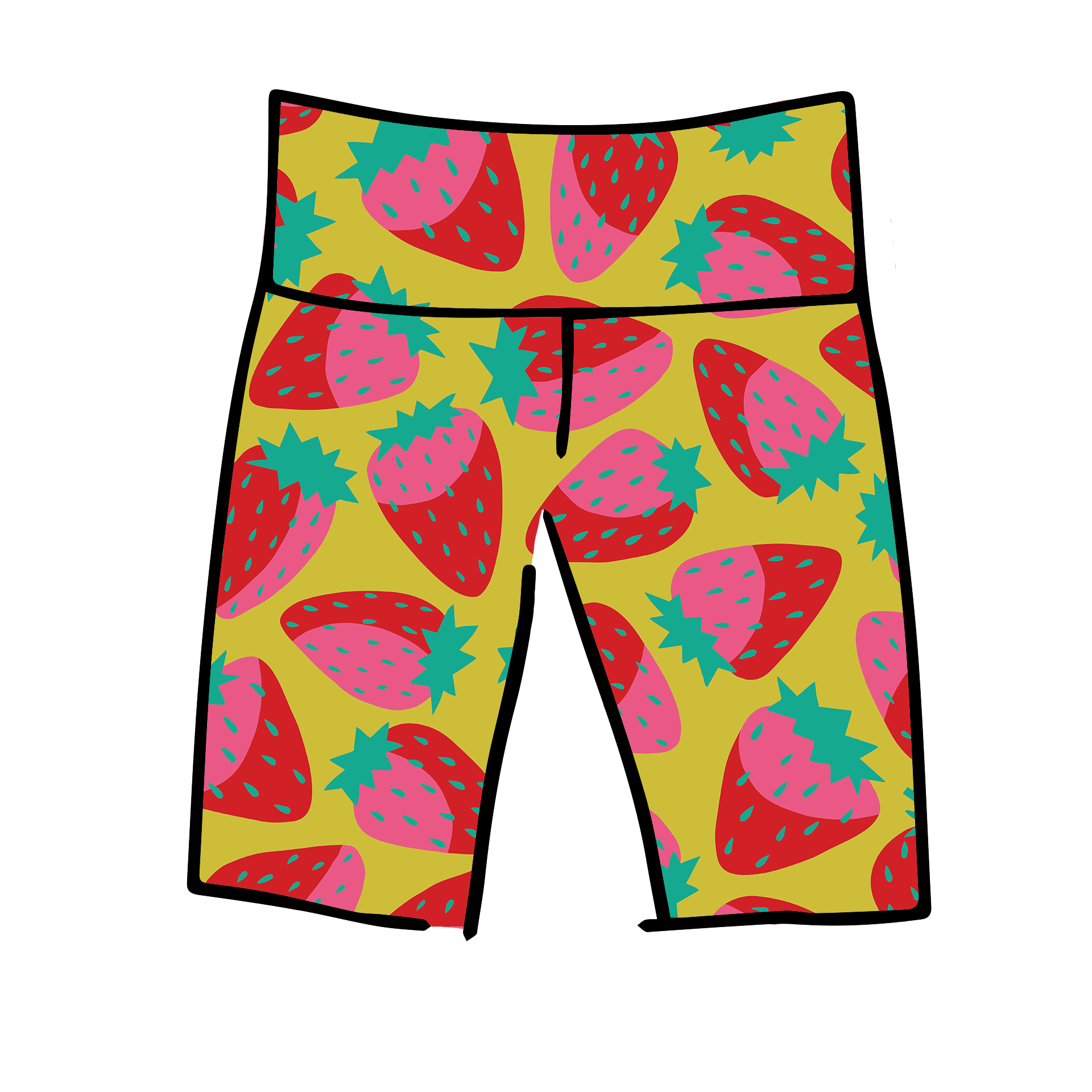 Drawing of Thunderpants Bike Shorts in a Strawberry print - pink, red, and peacock green on chartreuse. 