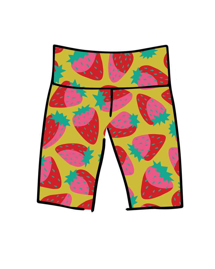 Drawing of Thunderpants Bike Shorts in a Strawberry print - pink, red, and peacock green on chartreuse. 