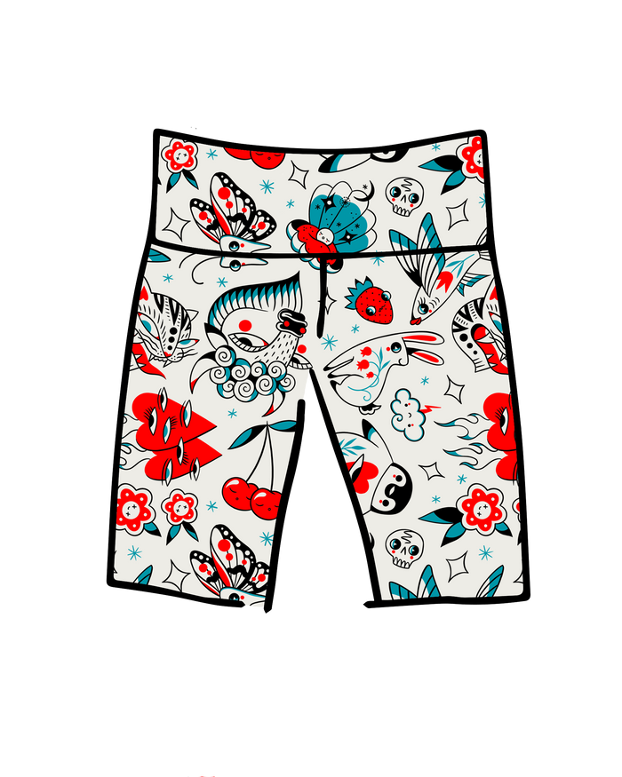 Drawing of Thunderpants Bike Shorts in Inked Up - a tattoo pattern with black, red, and blue. 