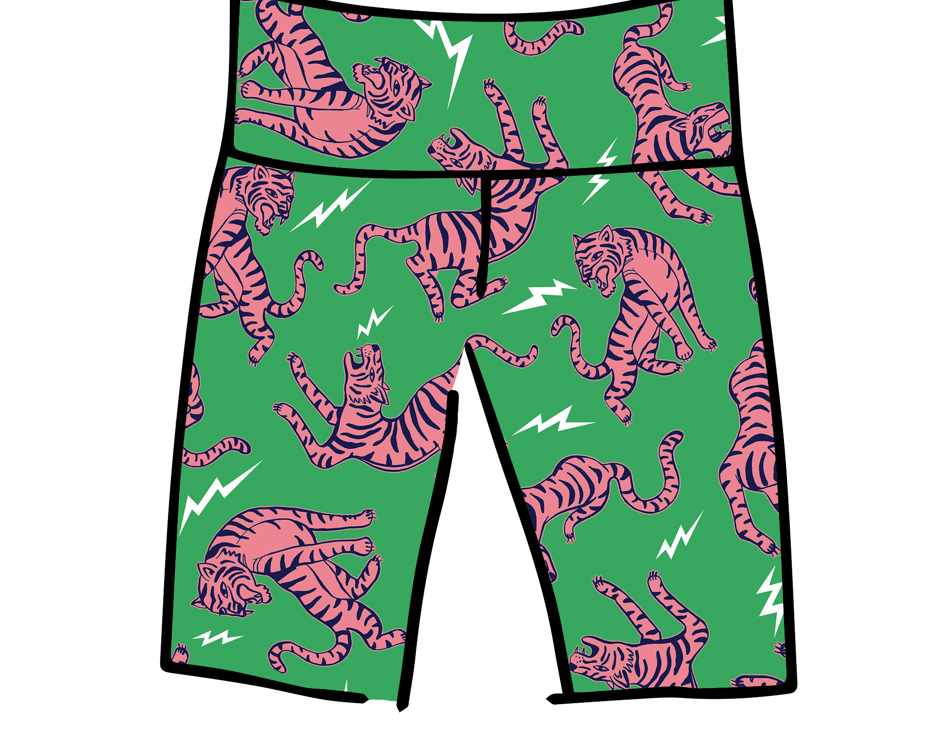 Drawing Thunderpants organic cotton Bike Shorts in Electric Tiger - green with pink and blue tigers and white lightning bolts.