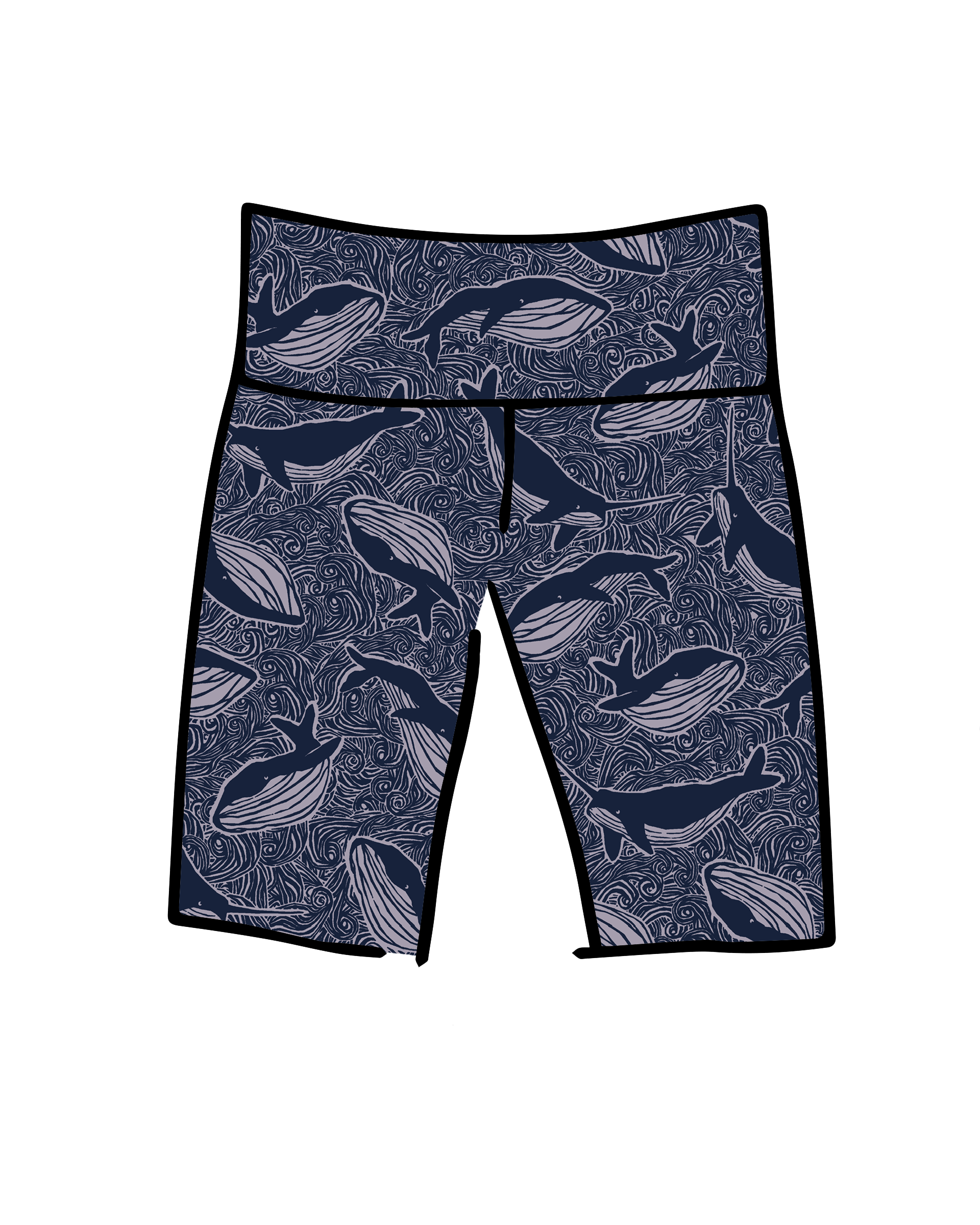 Drawing of Thunderpants Bike Shorts in Whale, Whale, Whale print - indigo whales on lavender.