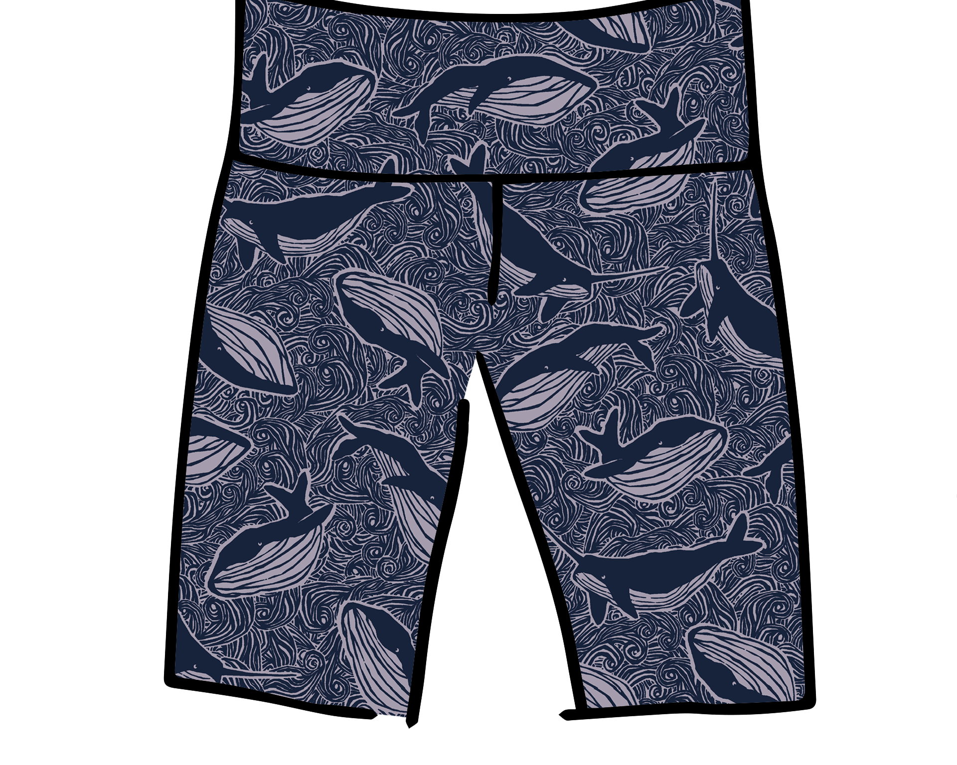 Drawing of Thunderpants Bike Shorts in Whale, Whale, Whale print - indigo whales on lavender.