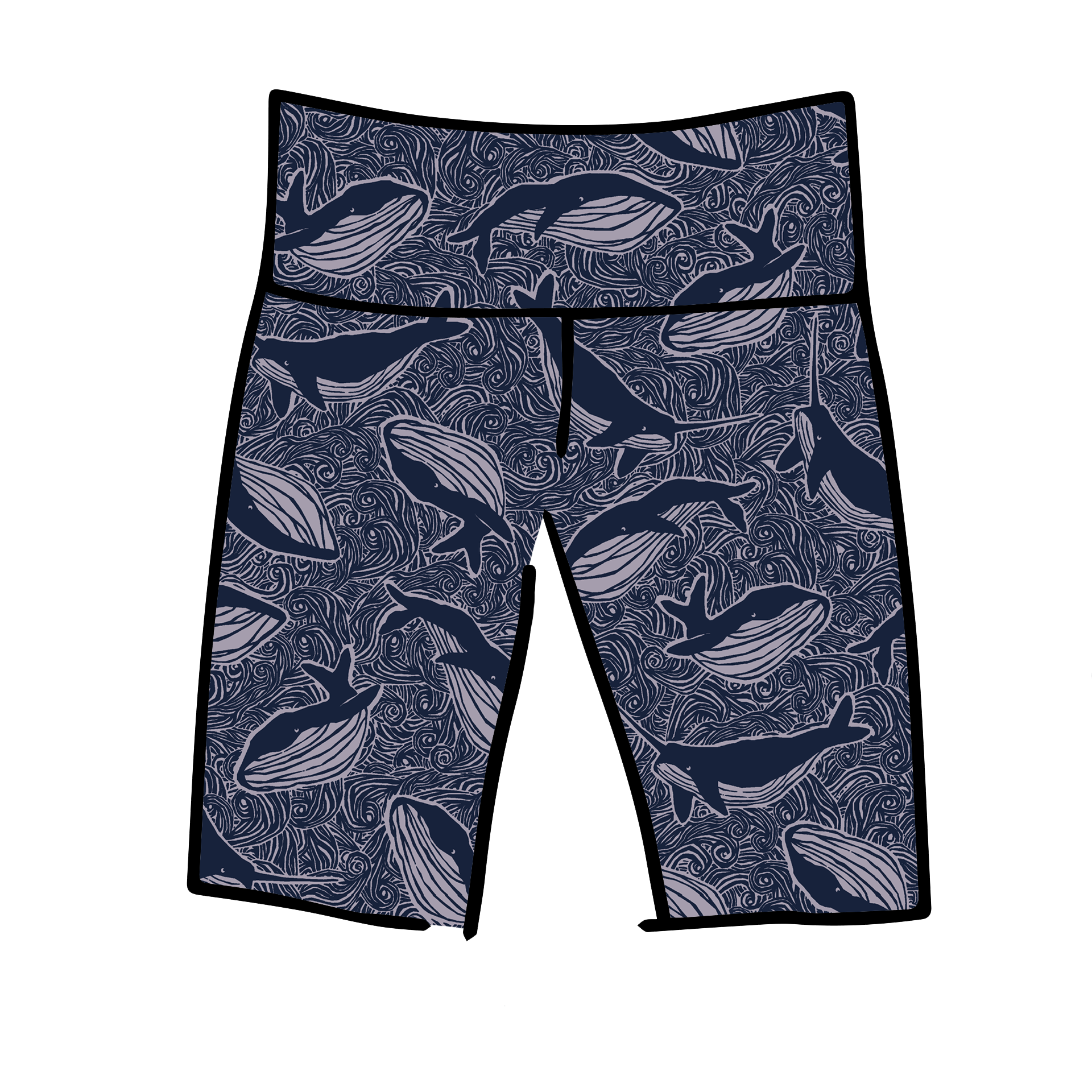 Drawing of Thunderpants Bike Shorts in Whale, Whale, Whale print - indigo whales on lavender.