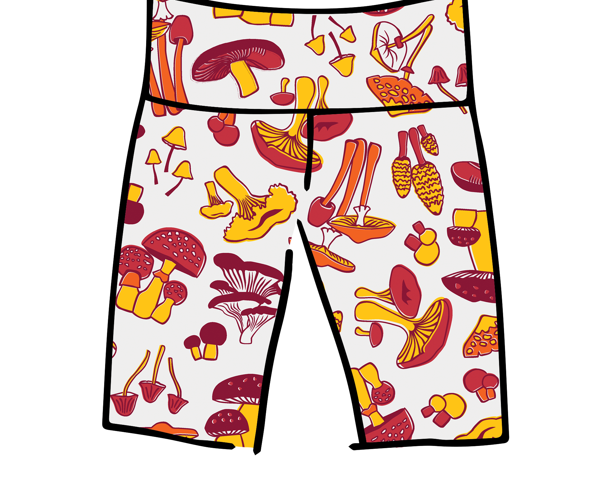 Drawing of Thunderpants Bike Shorts in Whadda Fungi - red, yellow, and orange mushroom print.