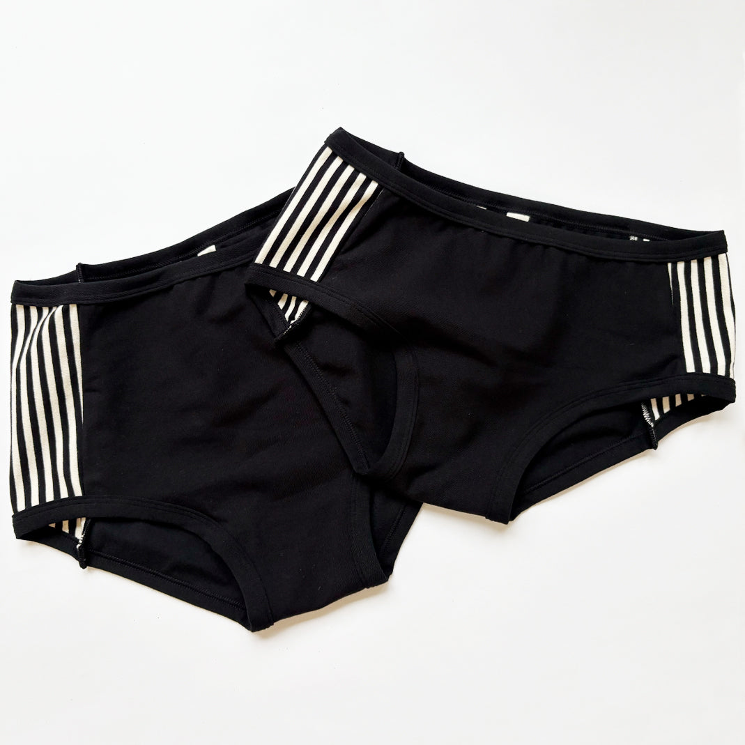 Flat lay of Thunderpants Original and Hipster Panel Pants style underwear in Black and White Stripe sides and Black fronts.