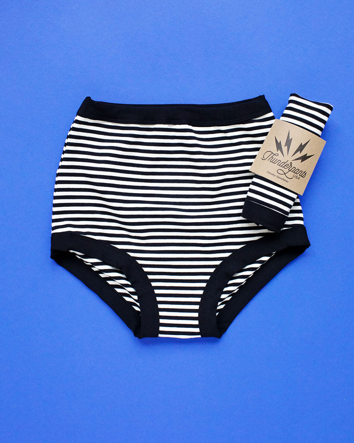 Flat lay of Thunderpants Sky Rise style underwear in Black and White Stripe.