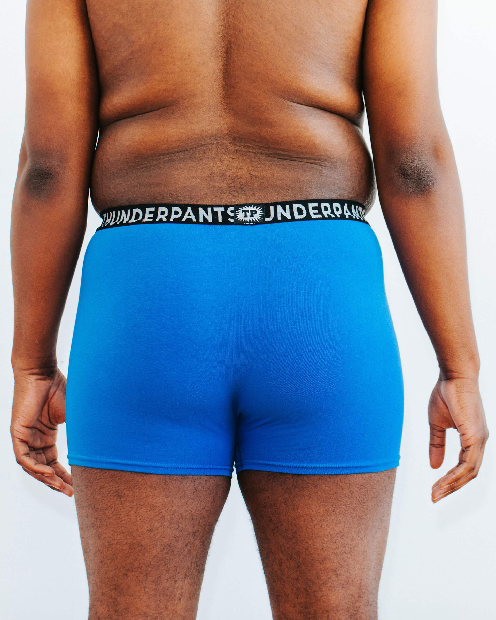 Back photo showing Thunderpants Organic Cotton Boxer Brief style underwear in Blueberry Blue on a model.