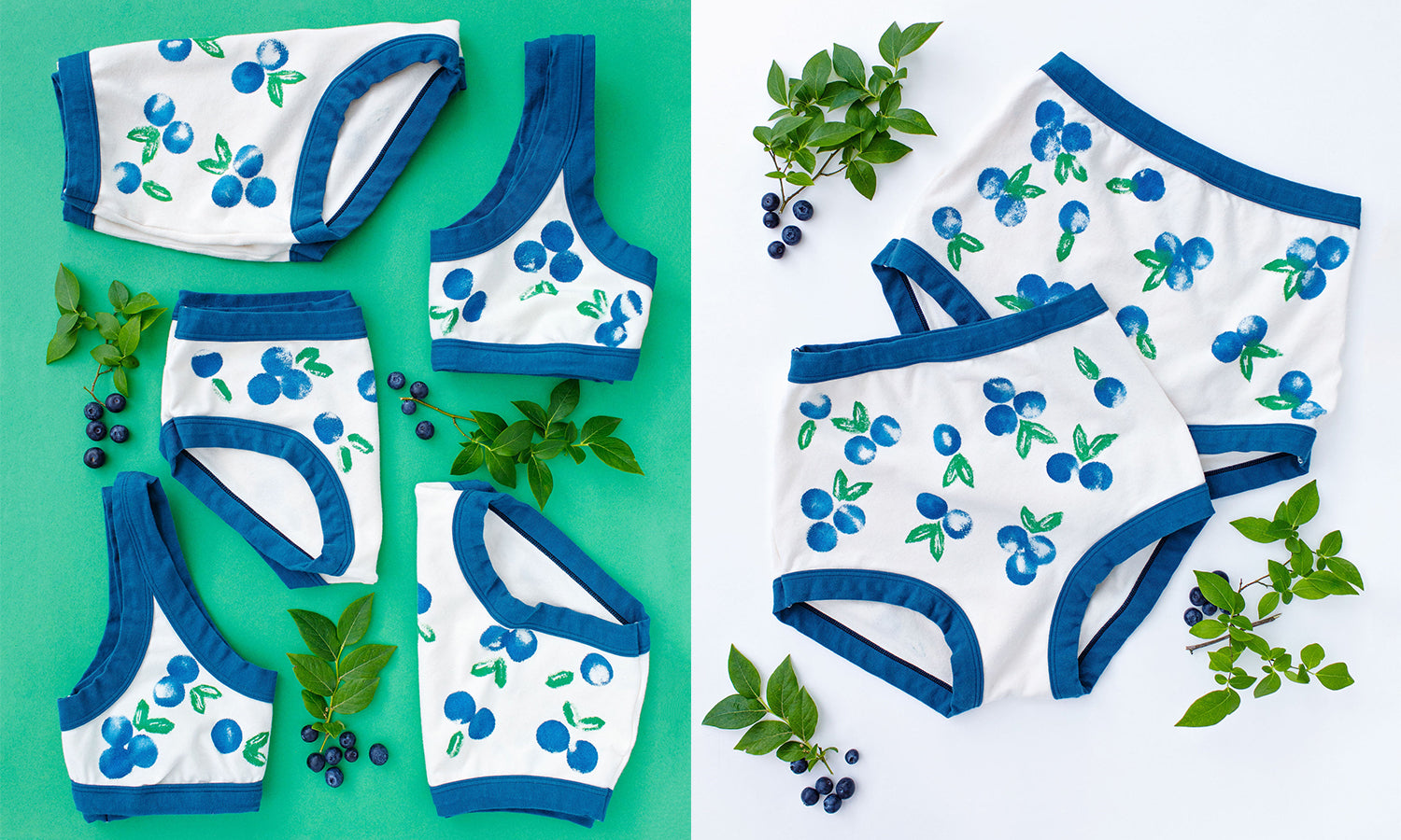 Flat lay of Thunderpants underwear styles and Bralette with a blue and green Blueberry print and blue binding. 
