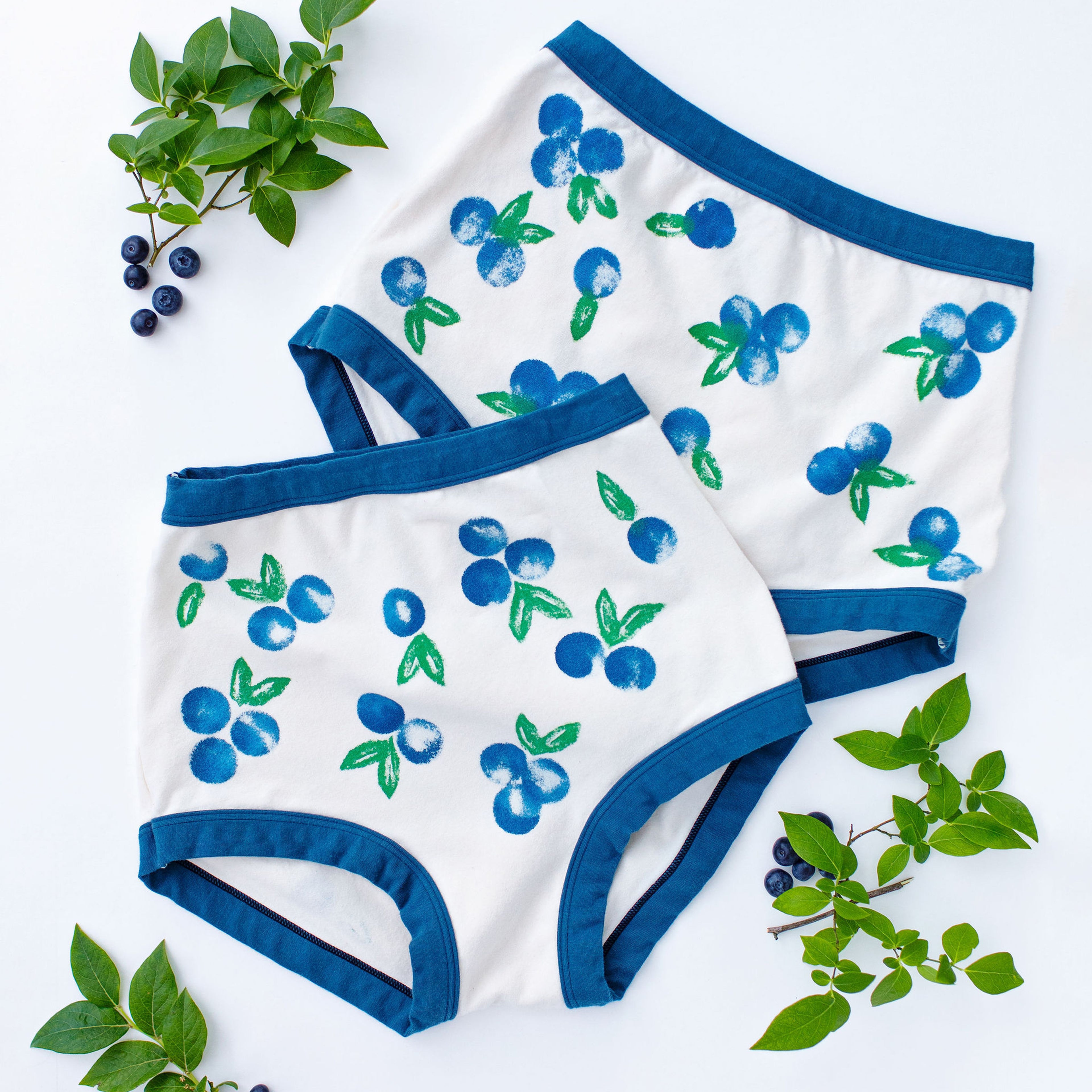 Flat lay of Thunderpants Sky Rise style underwear with a blue and green Blueberry print and blue binding. 