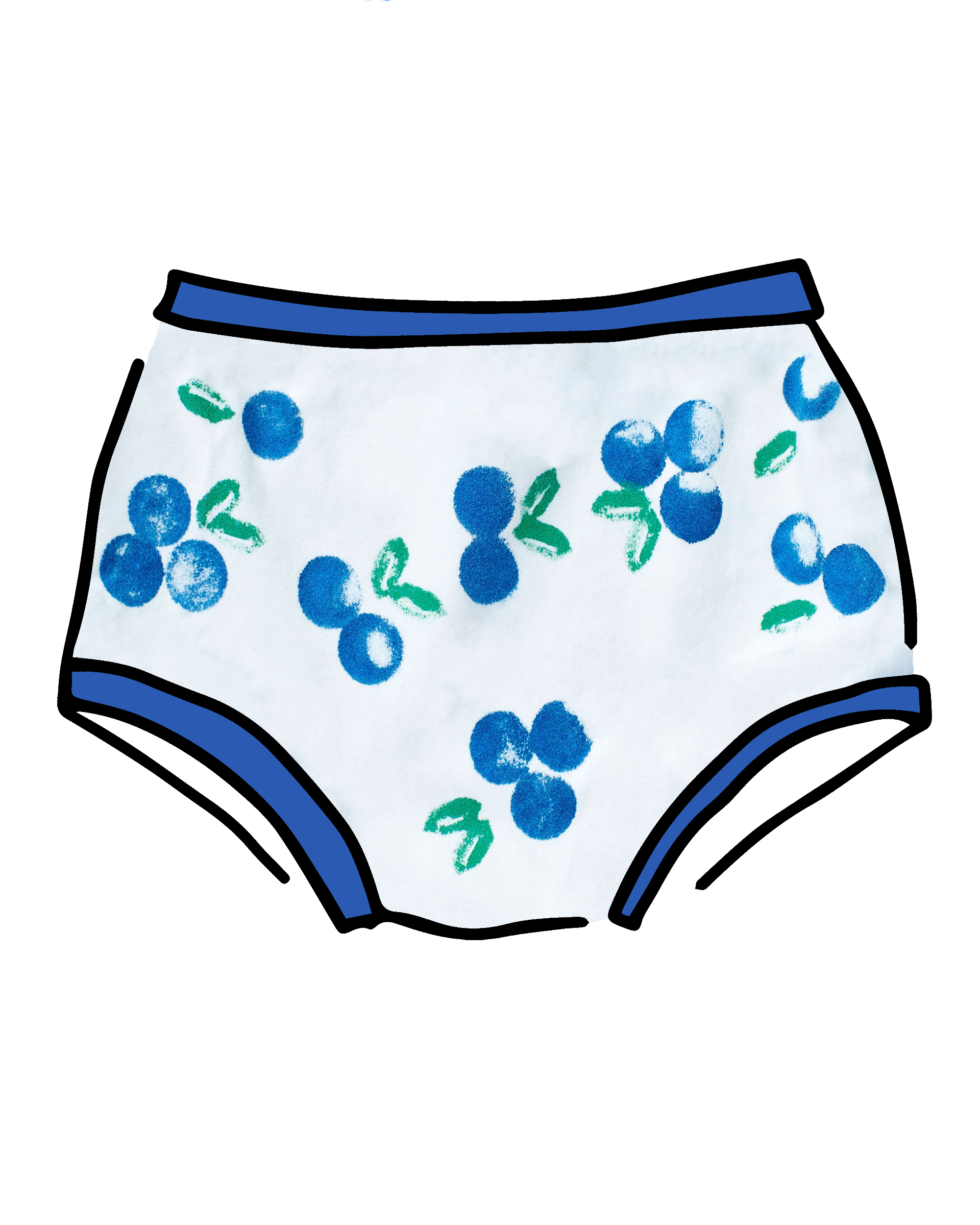 Drawing of Thunderpants Original style underwear with a blue and green Blueberry print and blue binding. 
