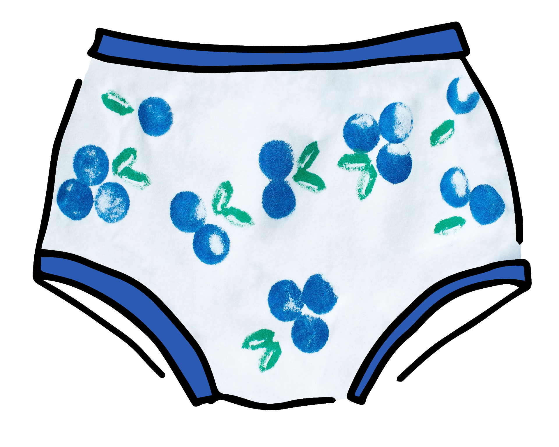 Drawing of Thunderpants Original style underwear with a blue and green Blueberry print and blue binding. 