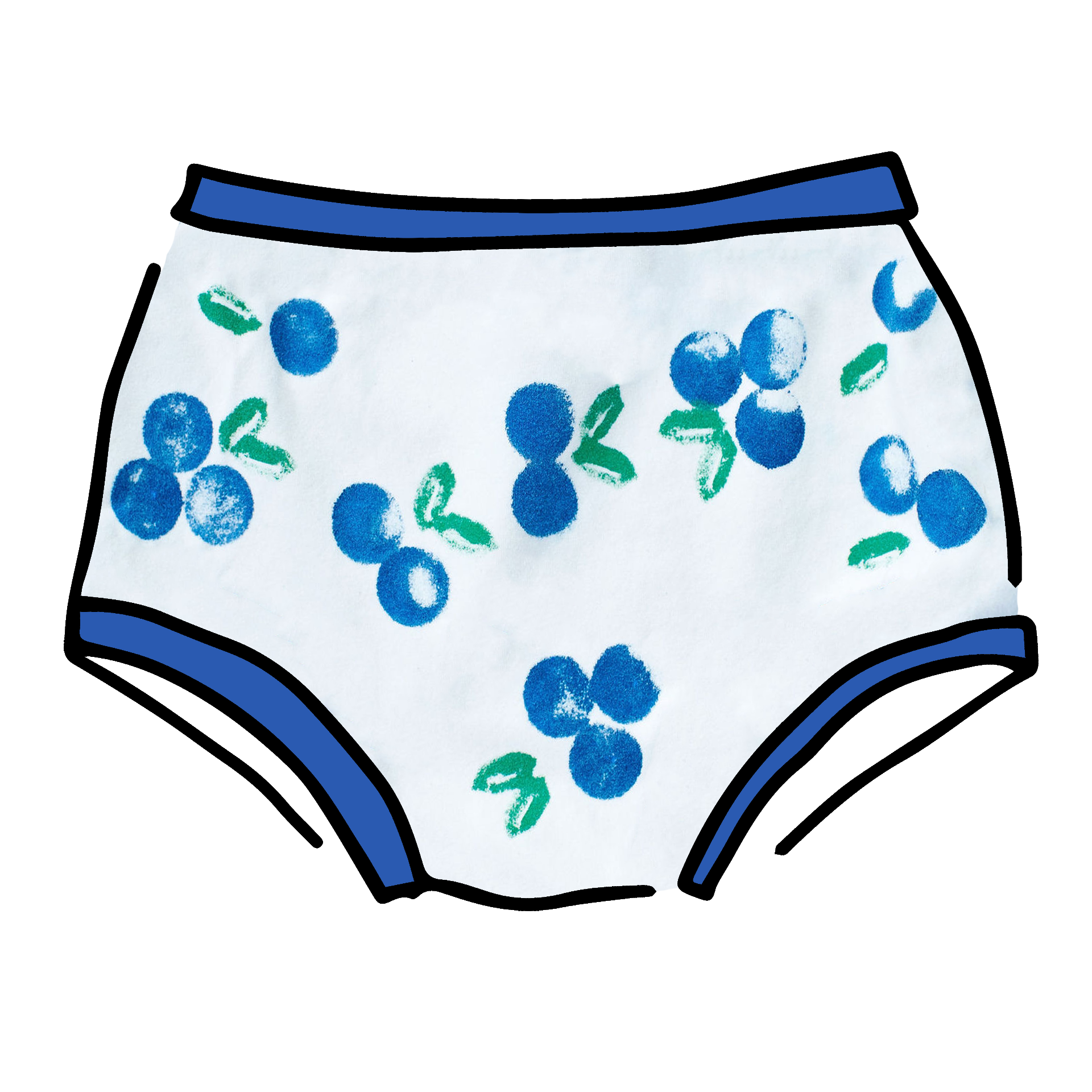 Drawing of Thunderpants Original style underwear with a blue and green Blueberry print and blue binding. 