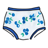 Drawing of Thunderpants Original style underwear with a blue and green Blueberry print and blue binding. 