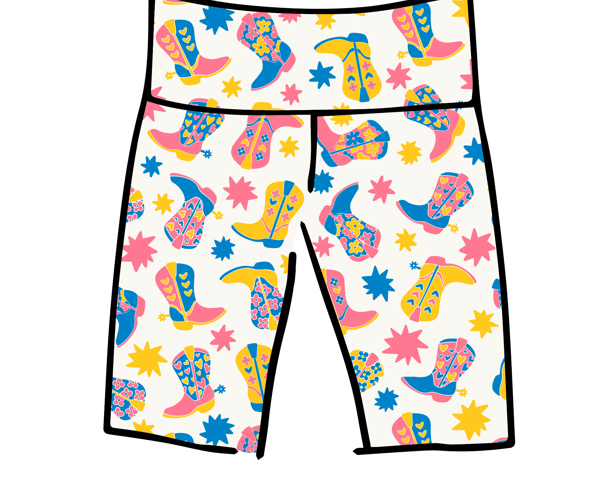 Drawing of Thunderpants Bike Shorts in Boot Scootin' print. 