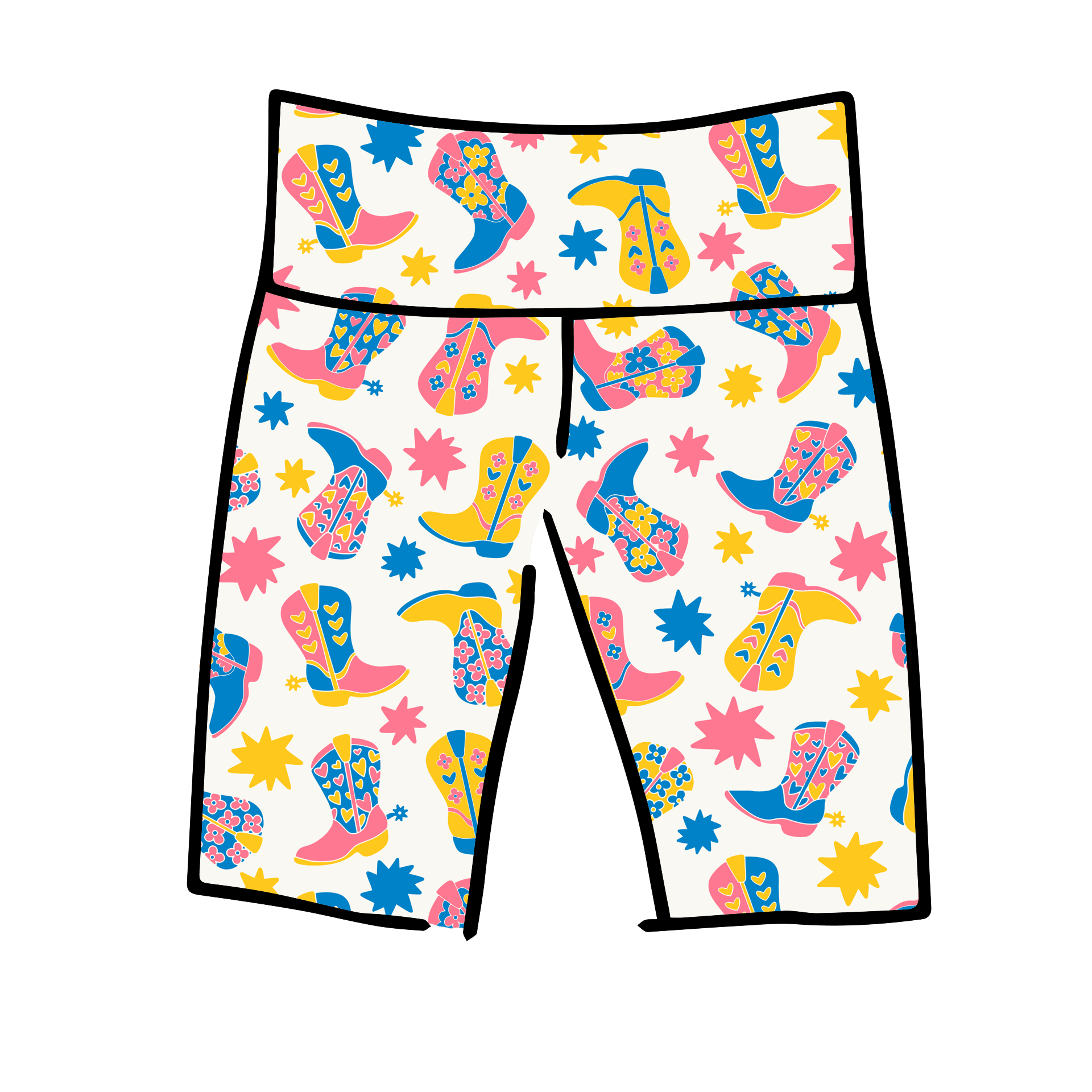 Drawing of Thunderpants Bike Shorts in Boot Scootin' print. 