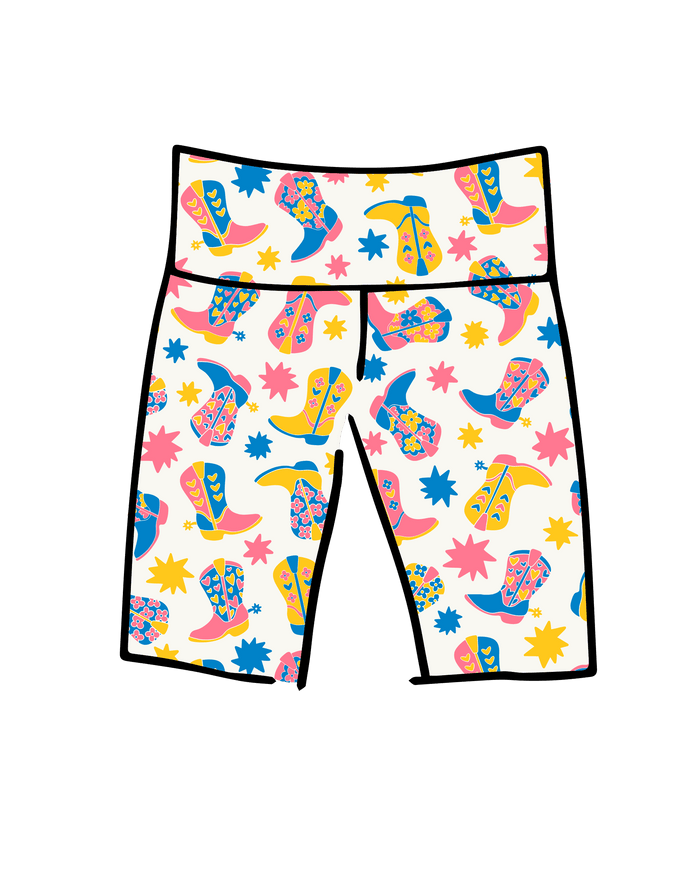 Drawing of Thunderpants Bike Shorts in Boot Scootin' print. 