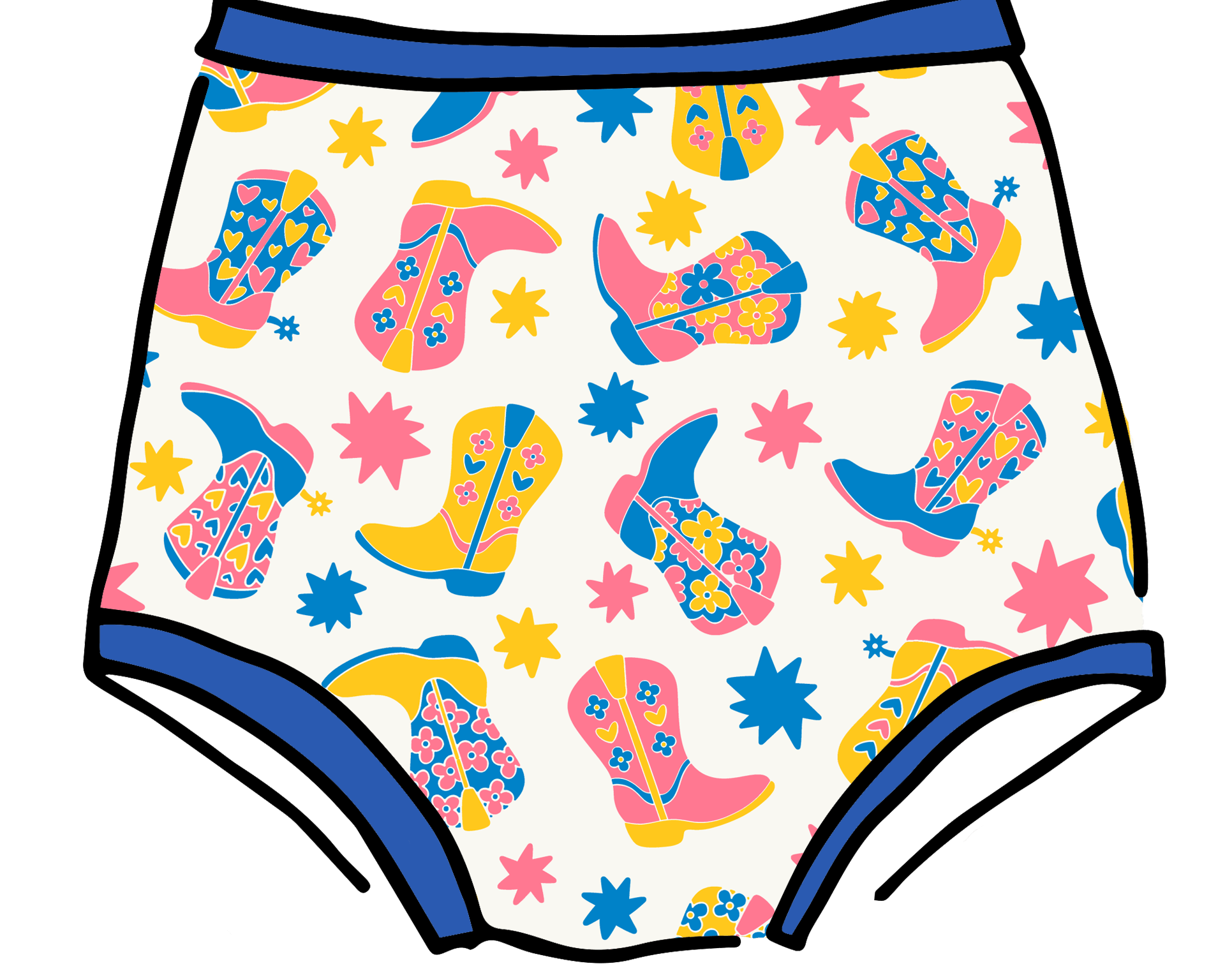 Drawing of Thunderpants Sky Rise style underwear in Boot Scootin' print.