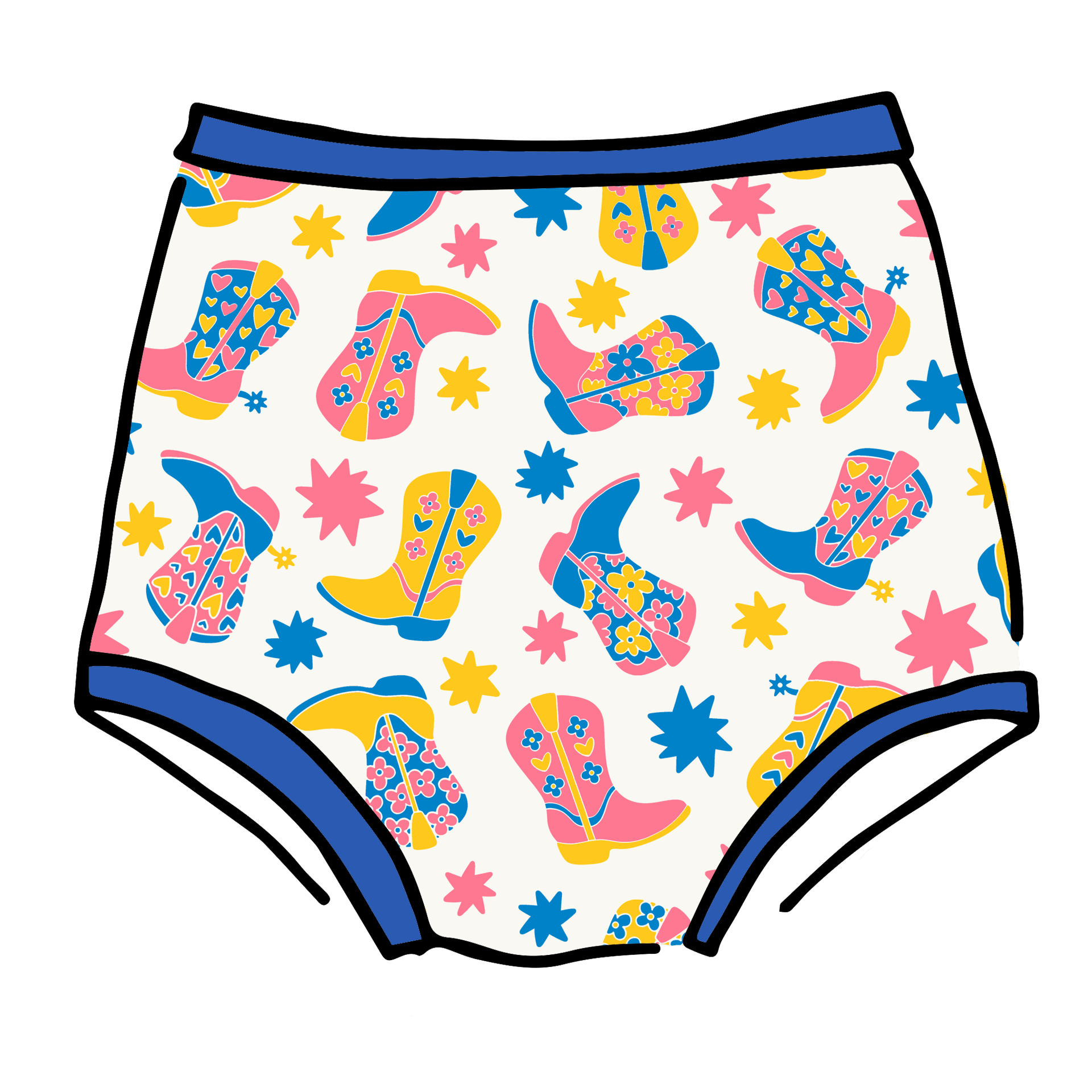 Drawing of Thunderpants Sky Rise style underwear in Boot Scootin' print.