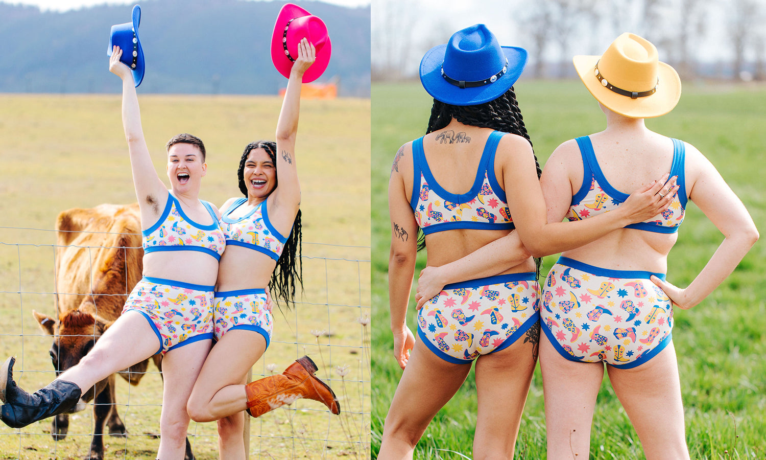 Models smiling in a field wearing Thunderpants underwear and Bralette sets in Boot Scootin' print.