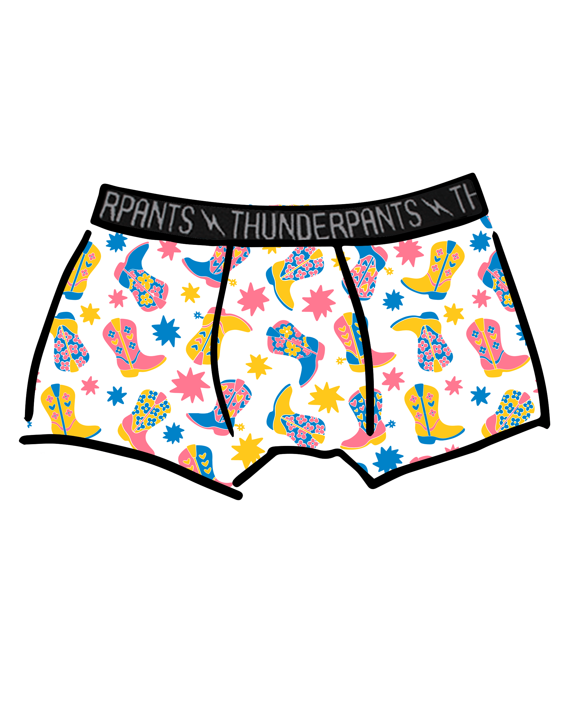 Drawing of Thunderpants Boxer Brief style underwear in Boot Scootin' print.