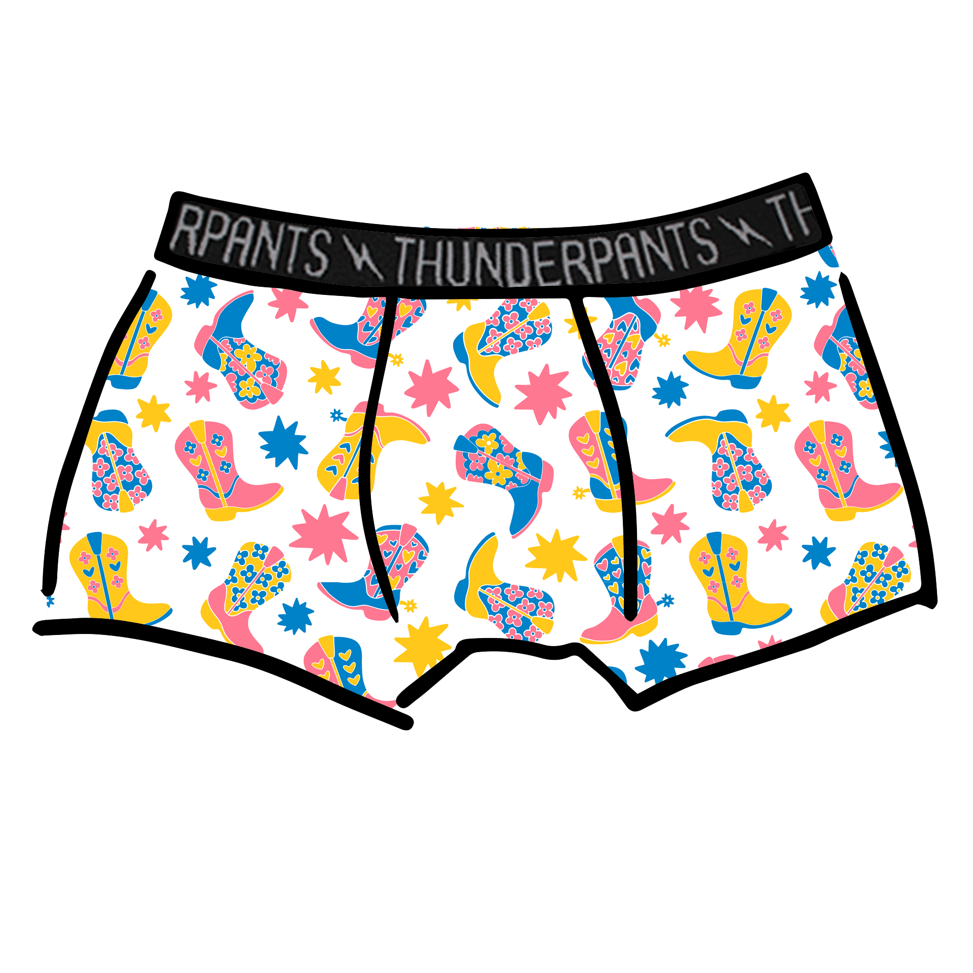 Drawing of Thunderpants Boxer Brief style underwear in Boot Scootin' print.