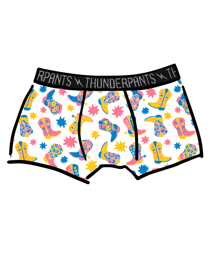 Drawing of Thunderpants Boxer Brief style underwear in Boot Scootin' print.