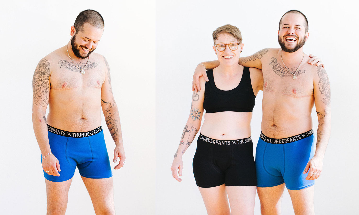 Models laughing while wearing Thunderpants Boxer Brief style underwear in Plain Black and Blueberry Blue.