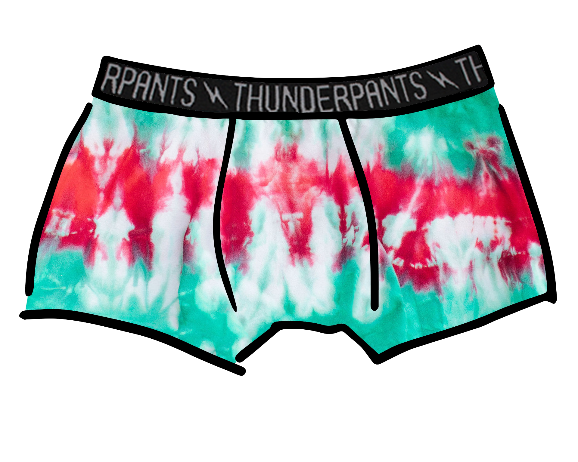 Drawing of Thunderpants Boxer Brief style underwear in Holiday Dye - red and green tie dye with green binding. 